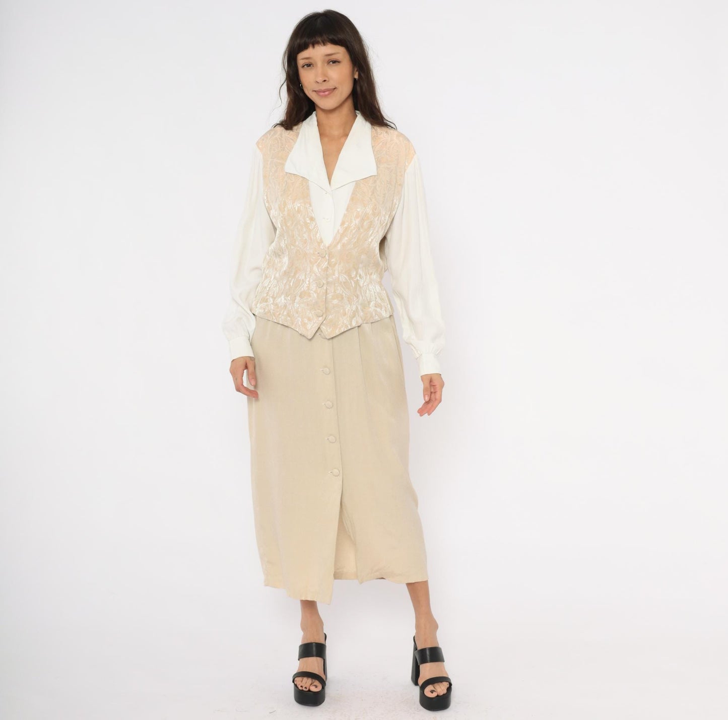 80s Miss Scarlett Jacquard Vest Midi Dress Ivory Collar Cream Sleeves Large L
