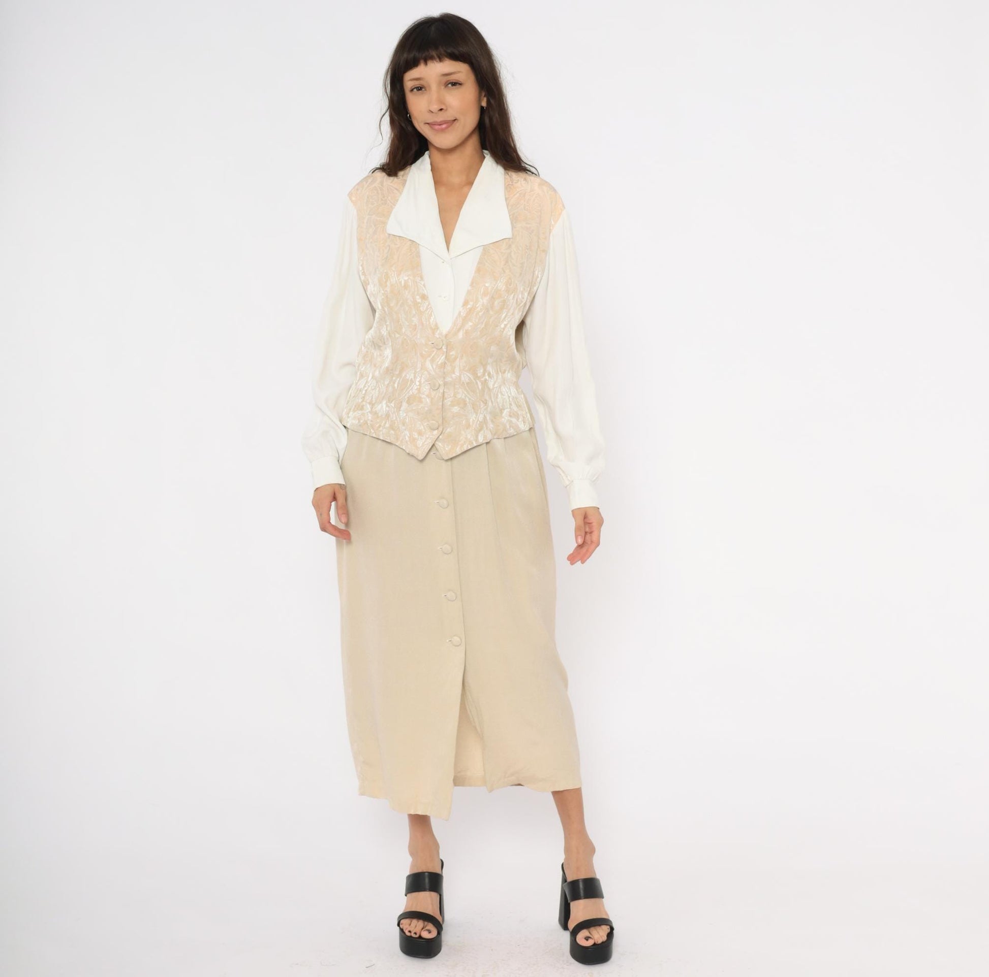 80s Miss Scarlett Jacquard Vest Midi Dress Ivory Collar Cream Sleeves Large L