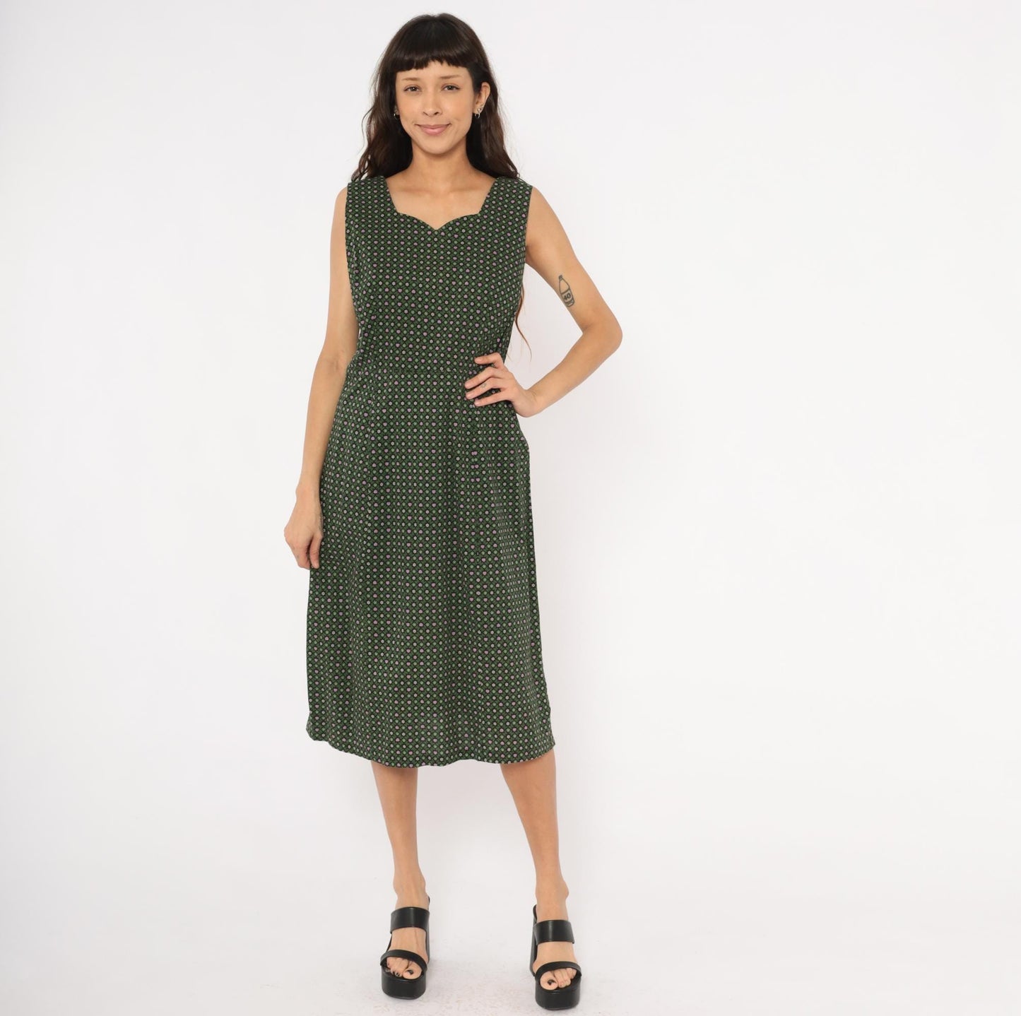 60s Heart Floral Cotton Dress Sweetheart Neckline Pencil Skirt Forest Green Large L