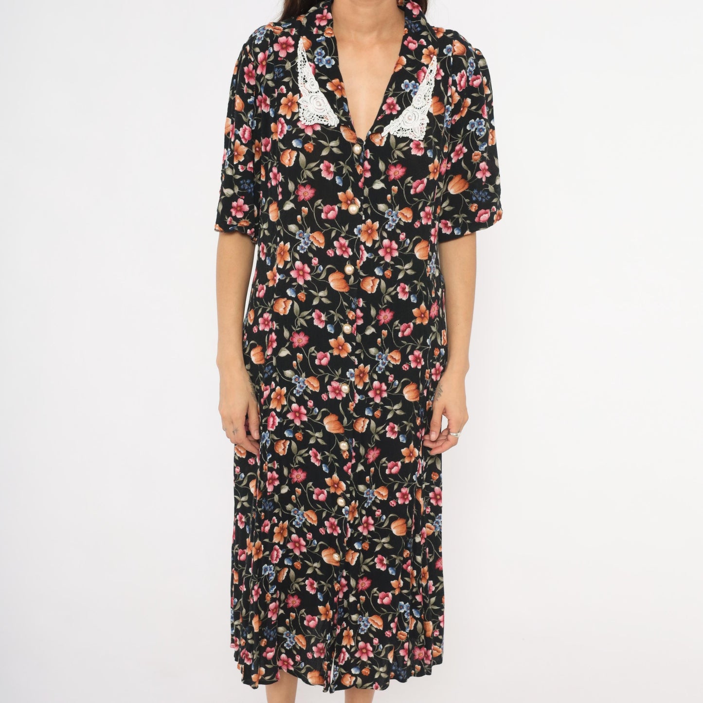 90s Basia Floral Midi Dress Black Lace Collar Pearl Buttons Medium