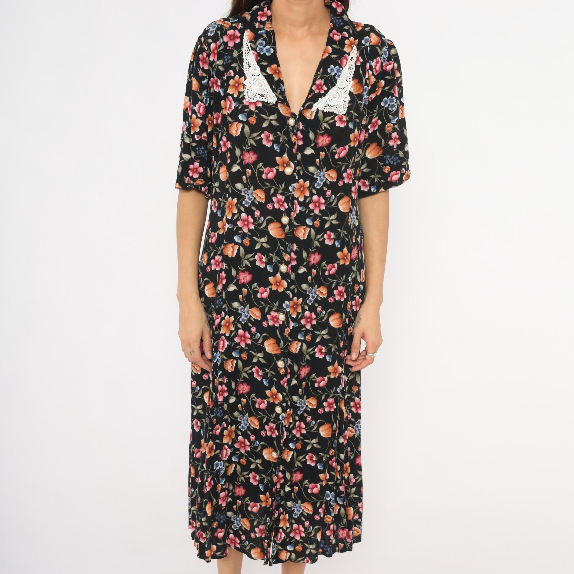 90s Basia Floral Midi Dress Black Lace Collar Pearl Buttons Medium