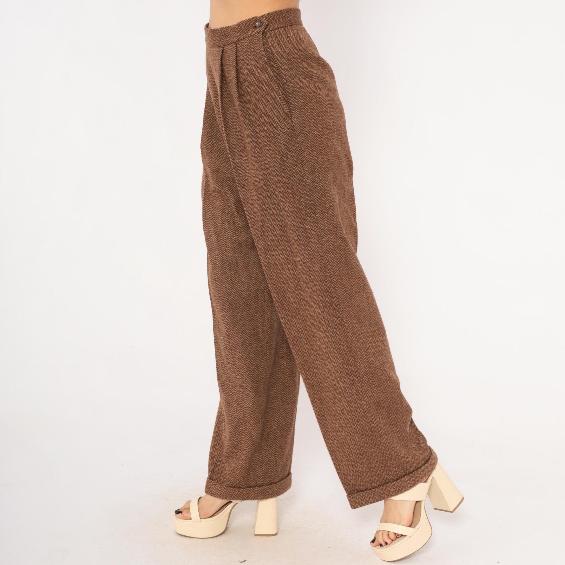 Ralph Lauren Wool Herringbone Trousers 90s Brown Pleated High Waist Large L