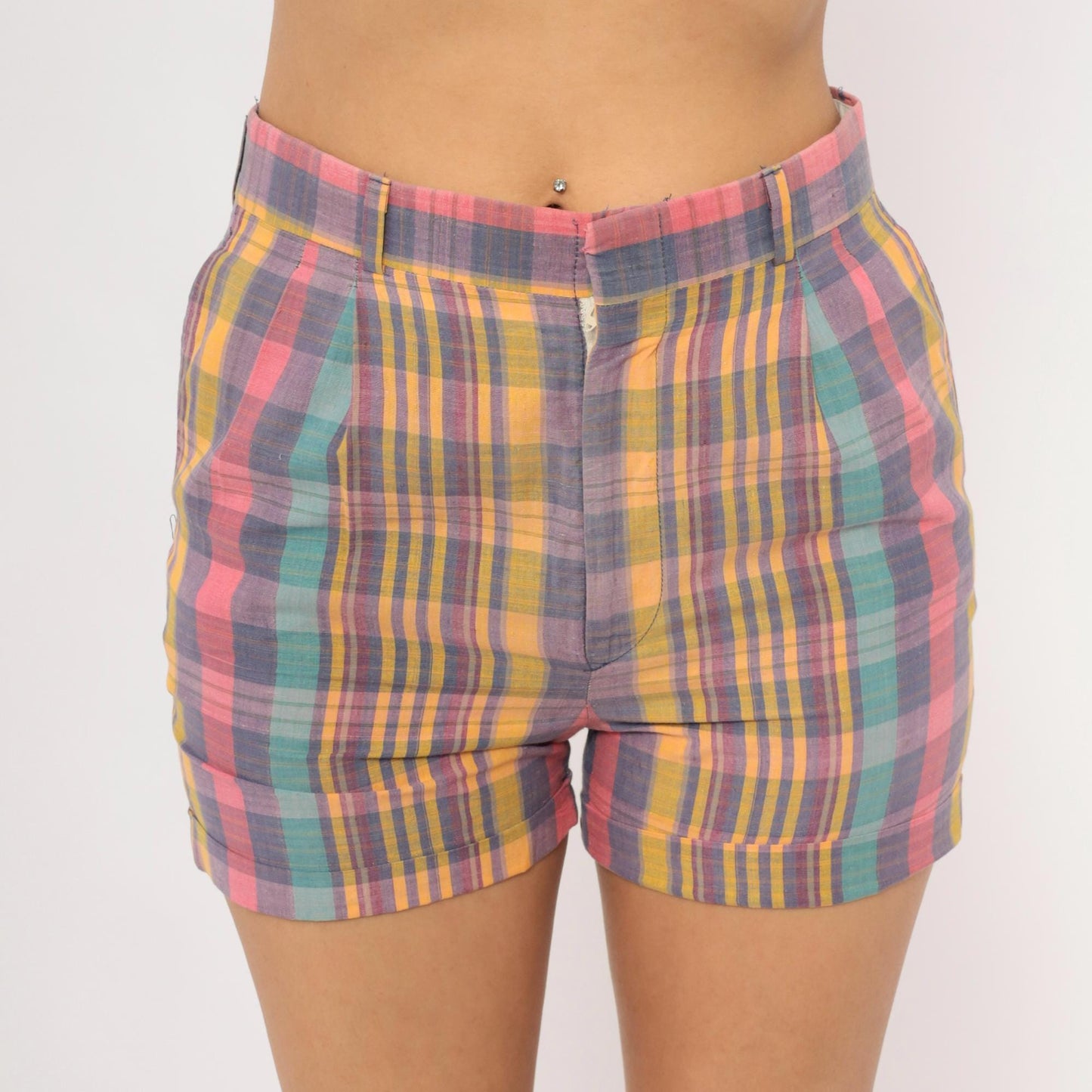 70s Skeets Madras Plaid Shorts Pink Purple Teal High Waist Cotton Medium M