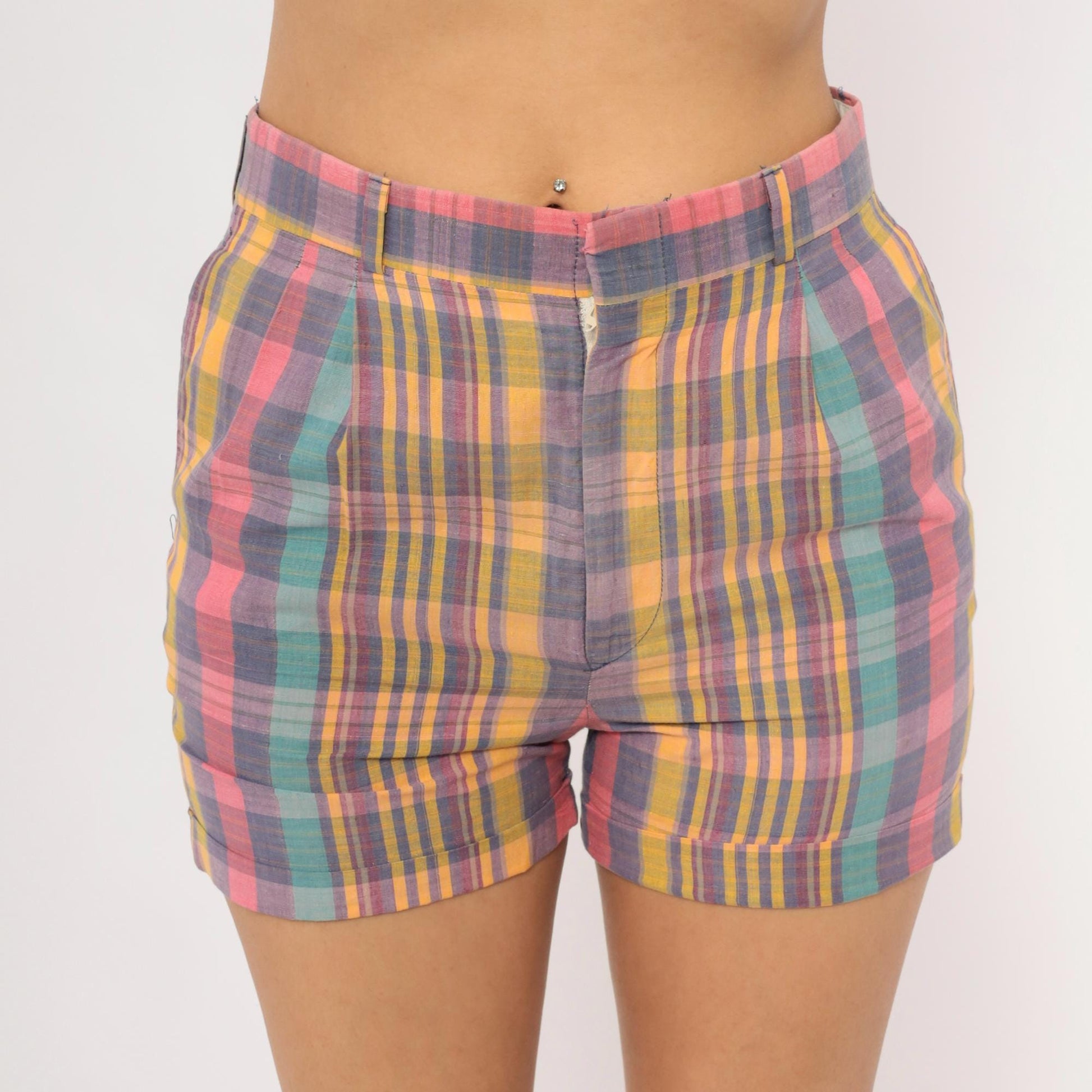 70s Skeets Madras Plaid Shorts Pink Purple Teal High Waist Cotton Medium M