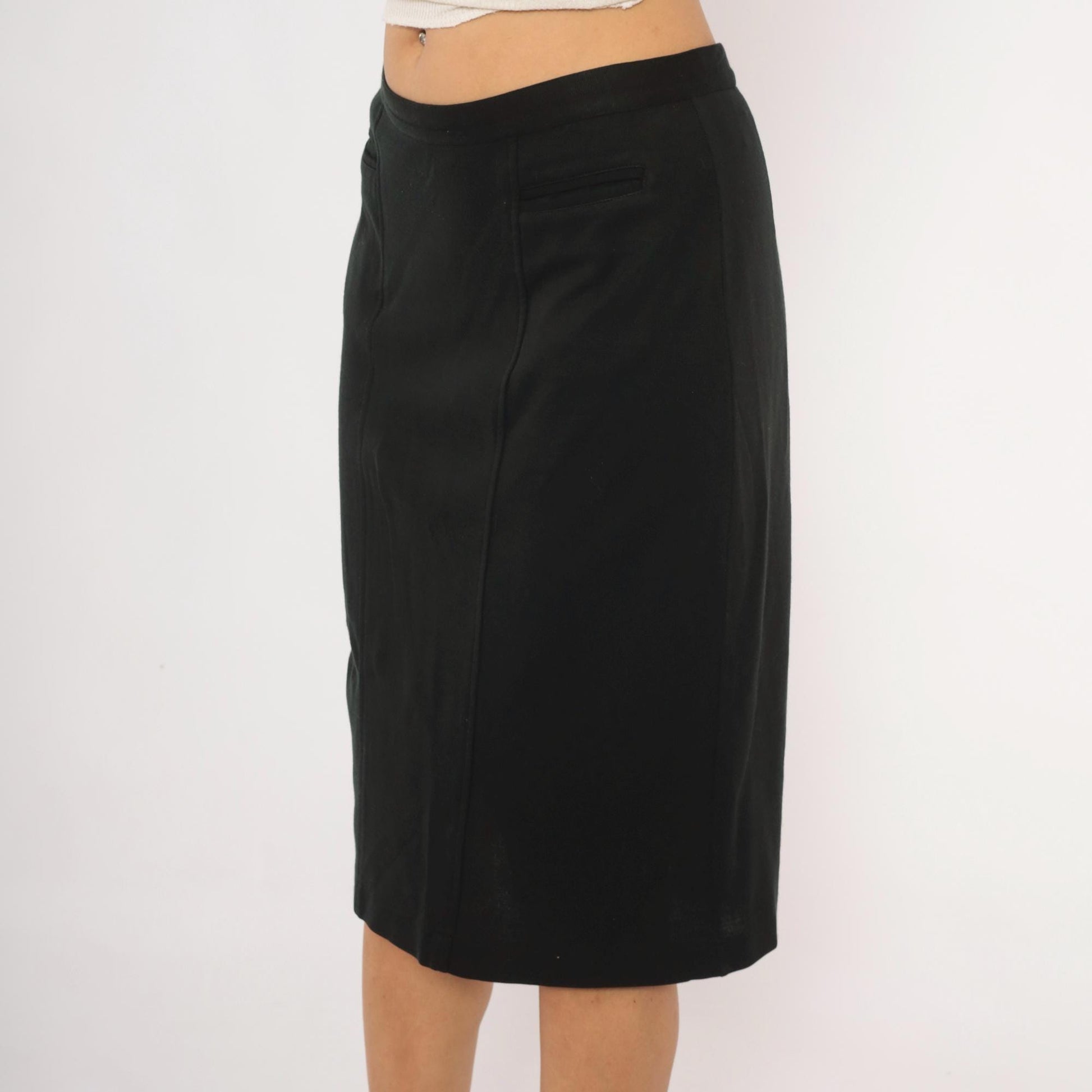 90s Forenza Black Pencil Skirt Knee Length Fitted Welt Pockets Medium