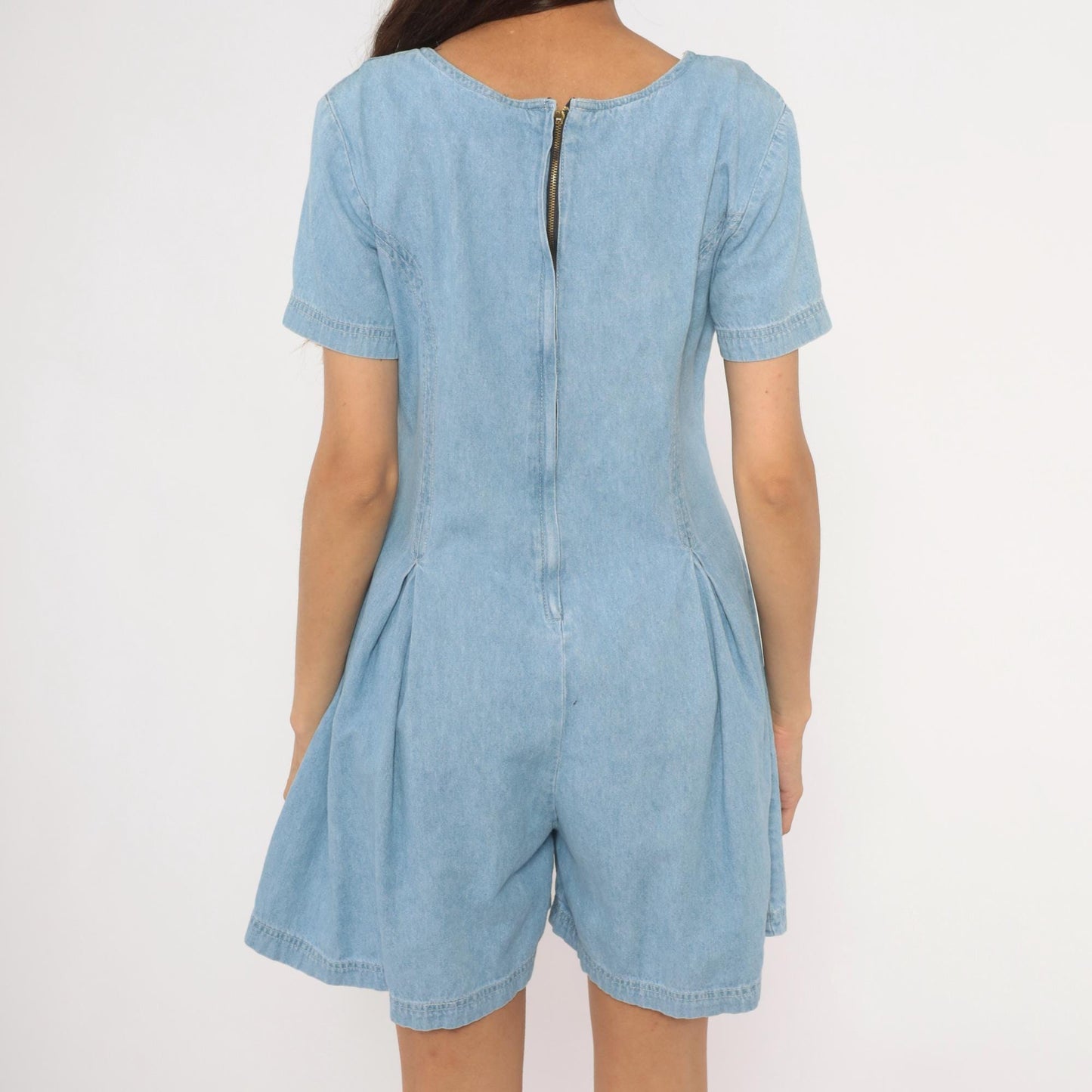 90s Styleworks Denim Romper Light Blue Scoop Neck Pleated Waist Medium M