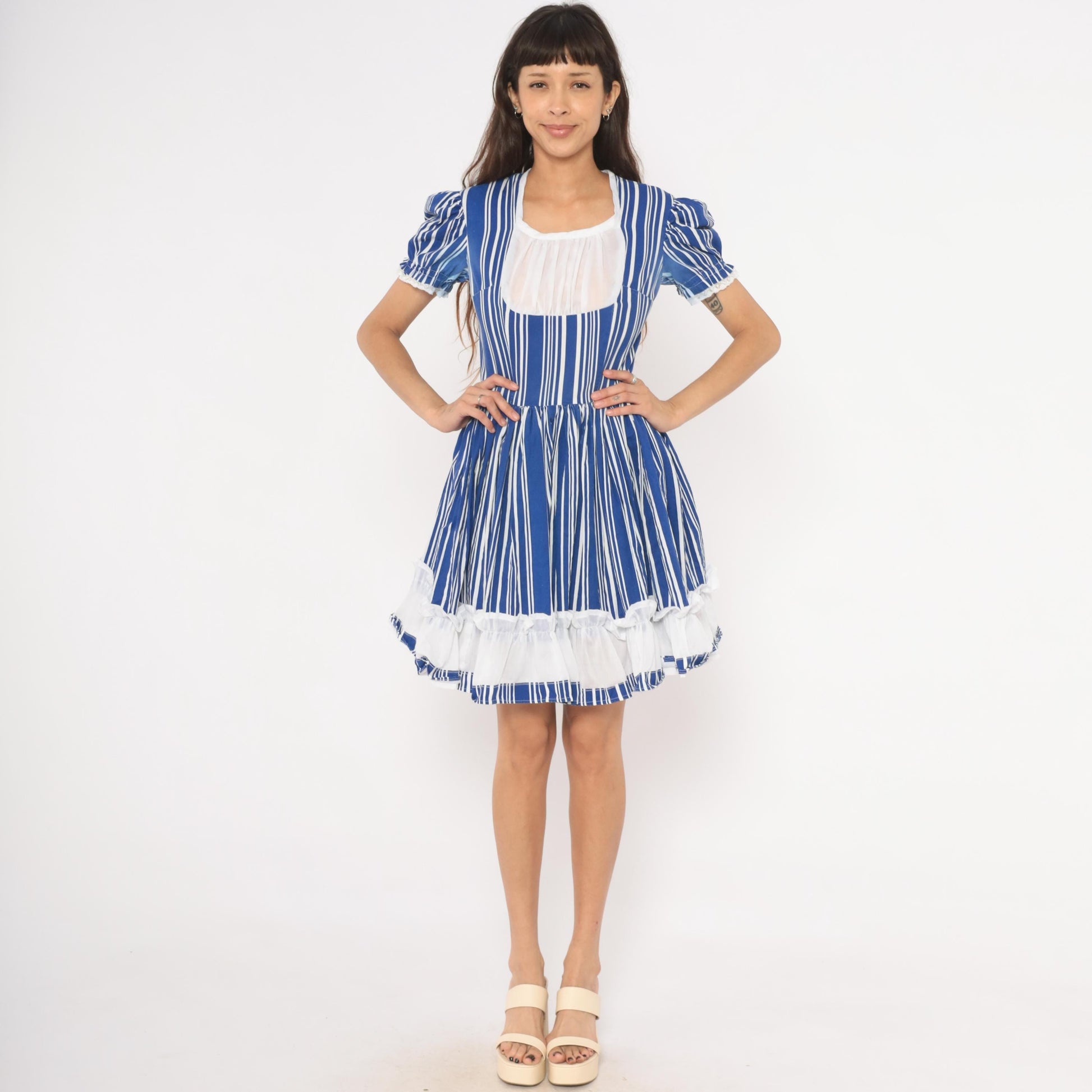 70s Striped Puff Sleeve Mini Dress Blue White Cotton Gathered Skirt Small S