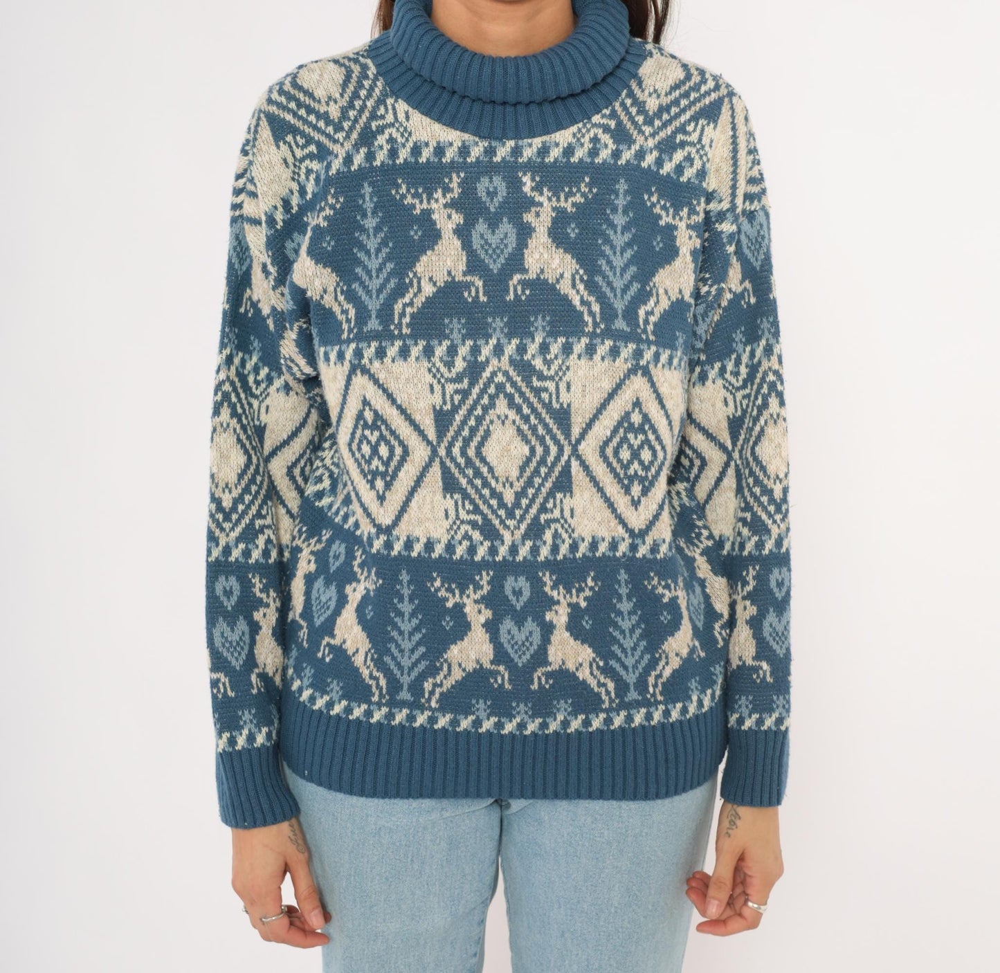 90s United States Sweaters Reindeer Fair Isle Turtleneck Blue Cream Small