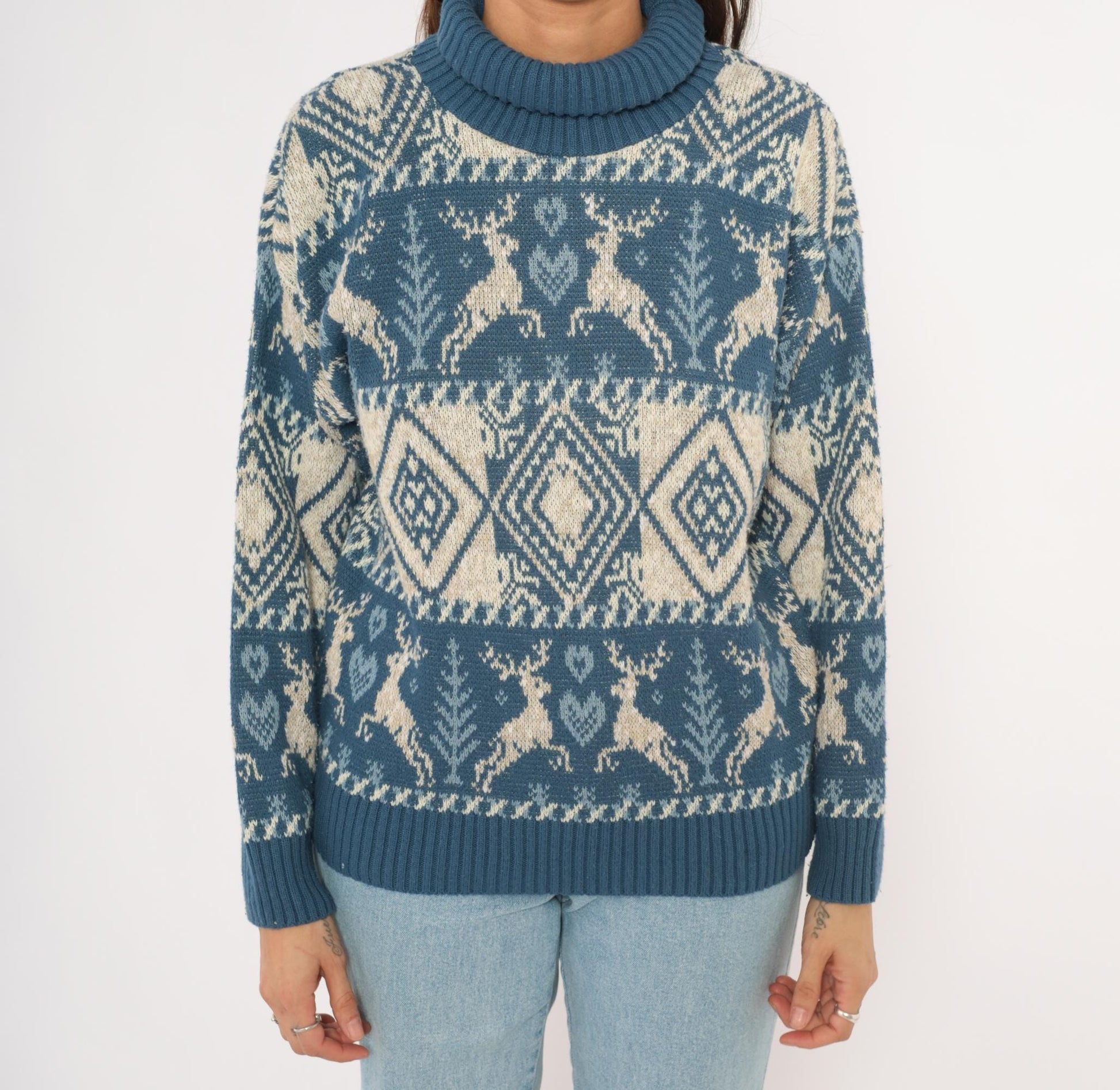 90s United States Sweaters Reindeer Fair Isle Turtleneck Blue Cream Small