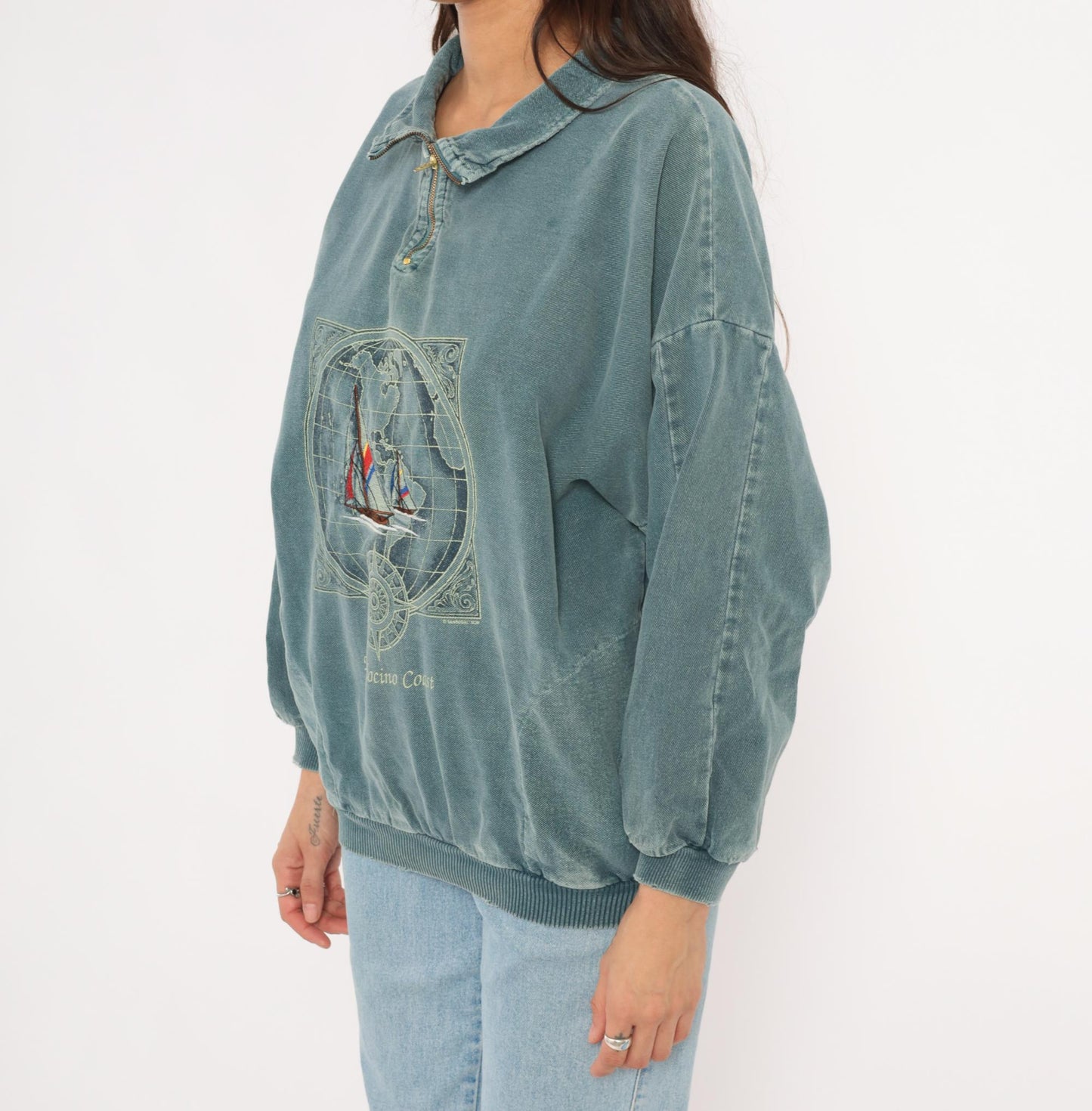 90s Sansegal Sportswear Mendocino Coast Sailboat Quarter-Zip Sweatshirt Grey Blue Medium