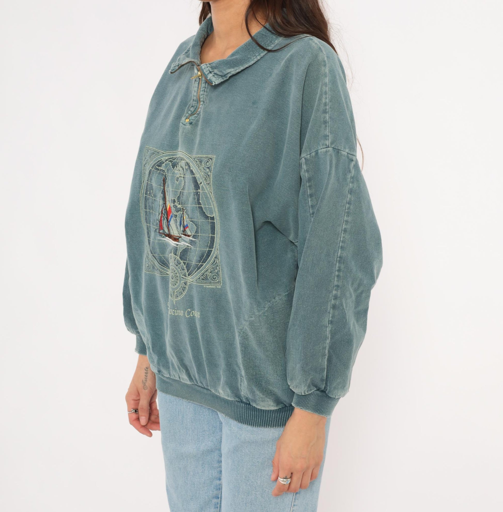 90s Sansegal Sportswear Mendocino Coast Sailboat Quarter-Zip Sweatshirt Grey Blue Medium