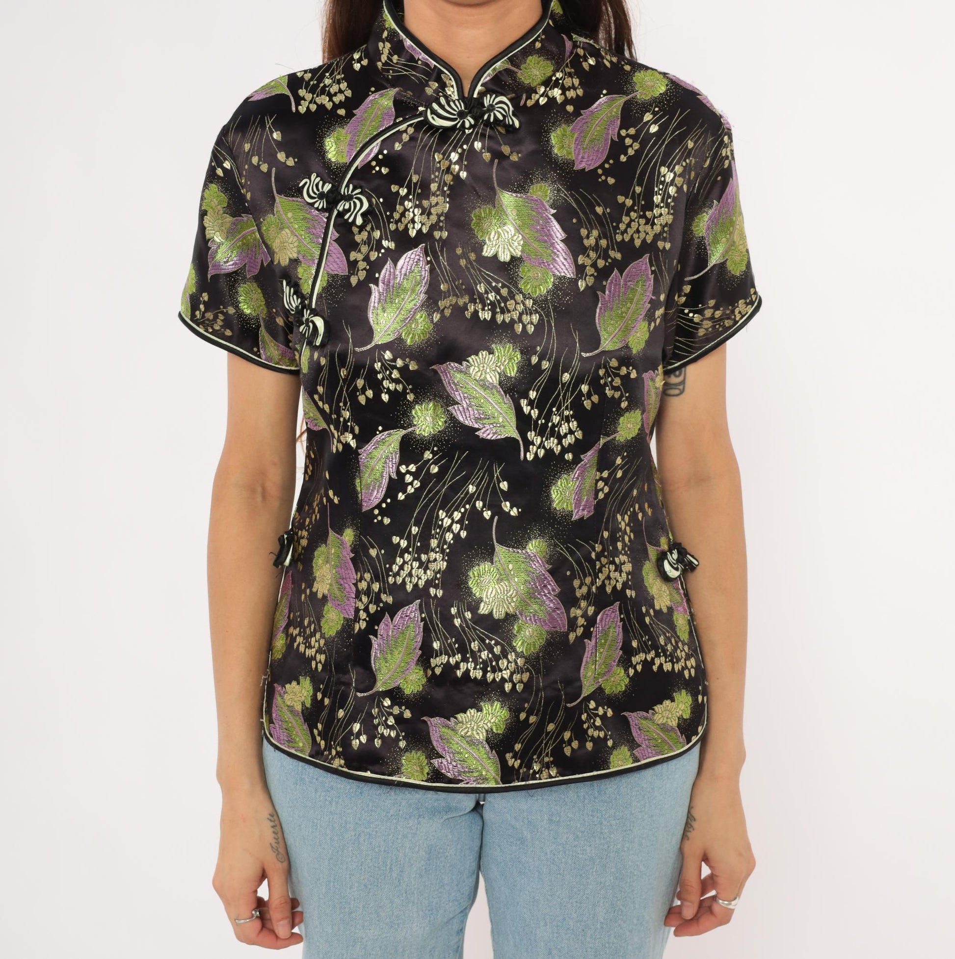 90s Mimi Cheongsam Top Black Brocade Floral Mandarin Collar Plus Size XXL