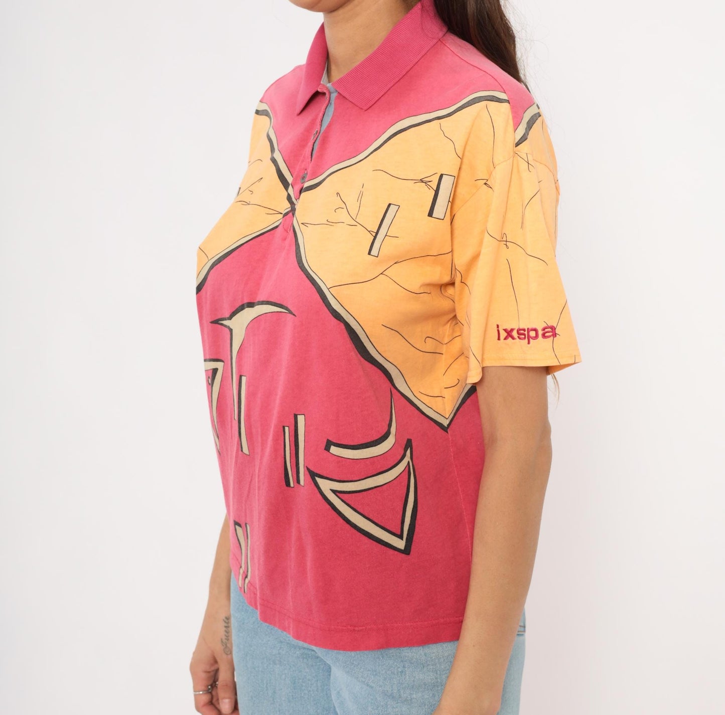 90s Ixspa Abstract Polo Pink Orange Cotton Geometric Graphic Medium