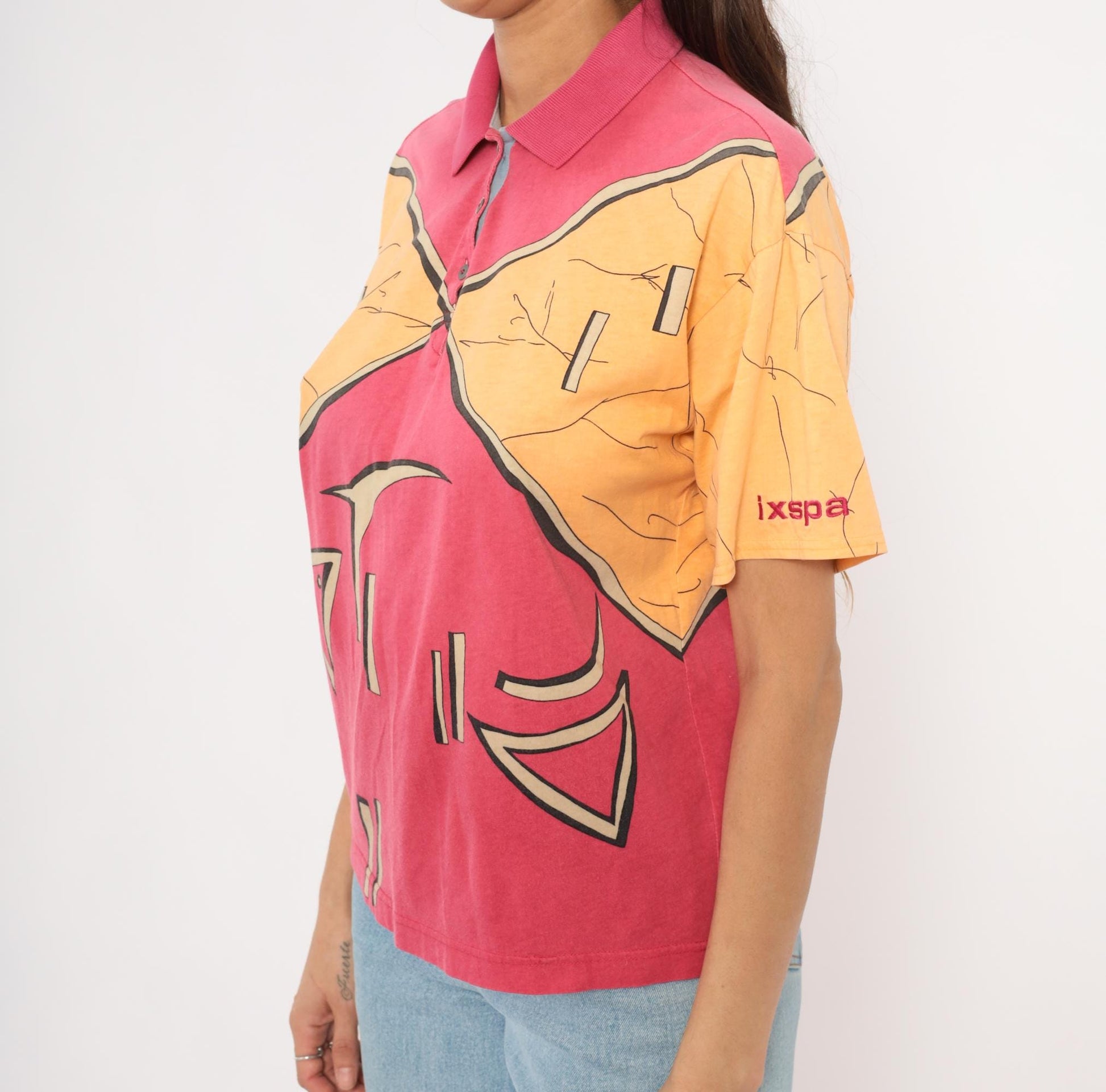 90s Ixspa Abstract Polo Pink Orange Cotton Geometric Graphic Medium