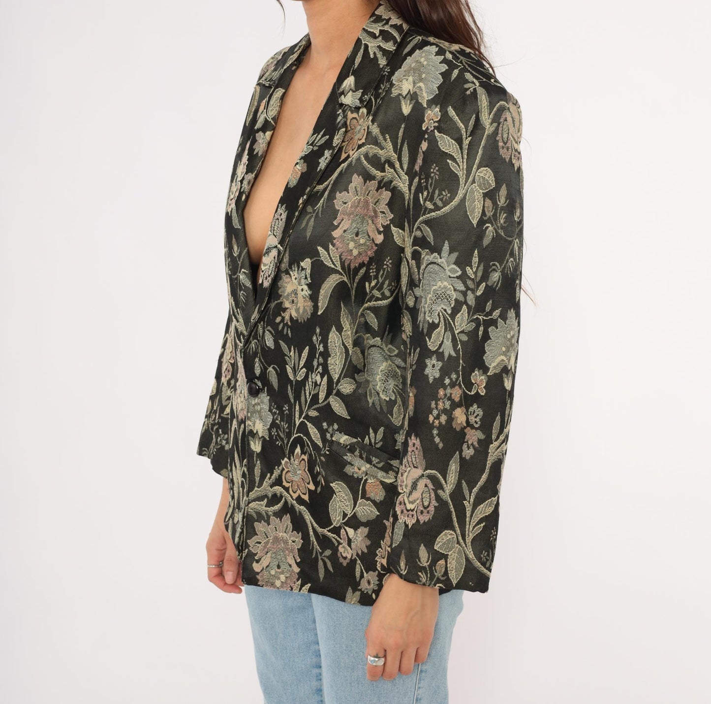 90s Z Cavaricci Floral Jacquard Blazer Black Tapestry Cotton Medium M