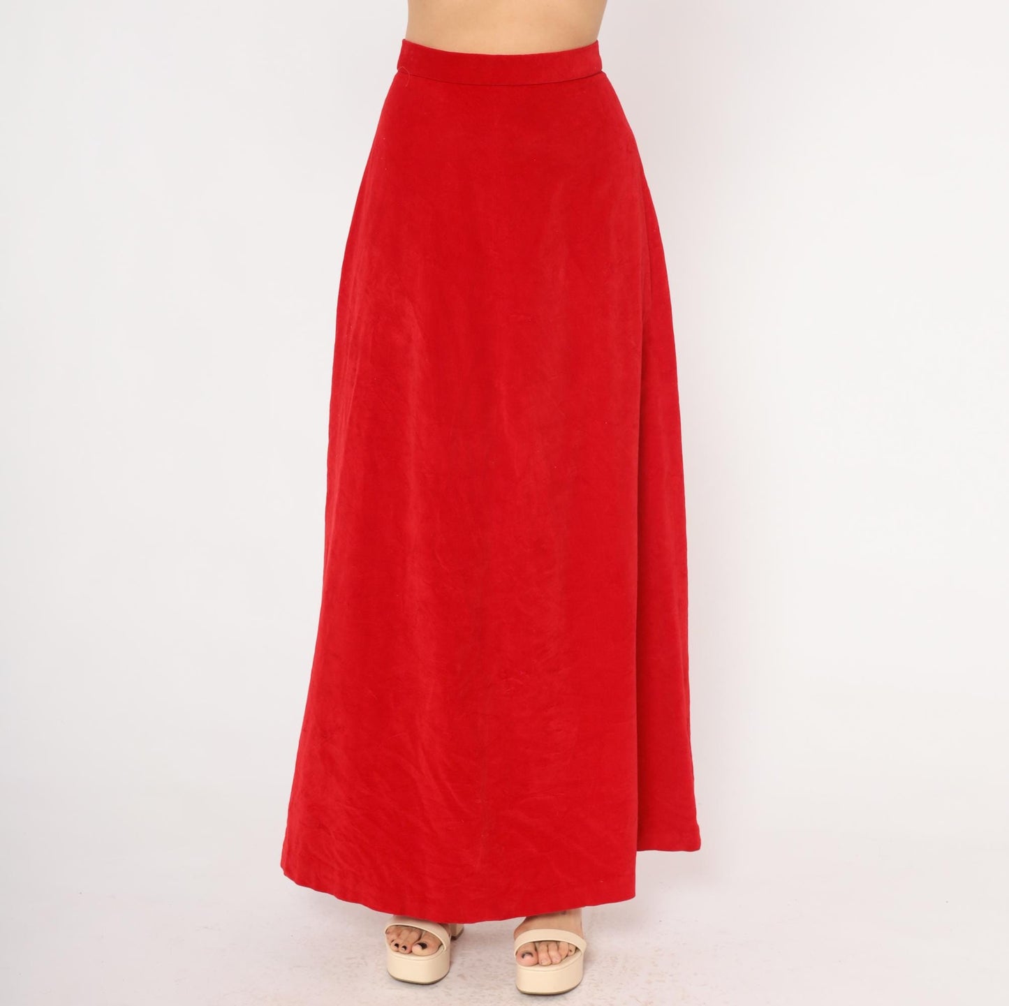 70s Red Velvet Maxi Skirt High Waist A-Line Floor Length Small