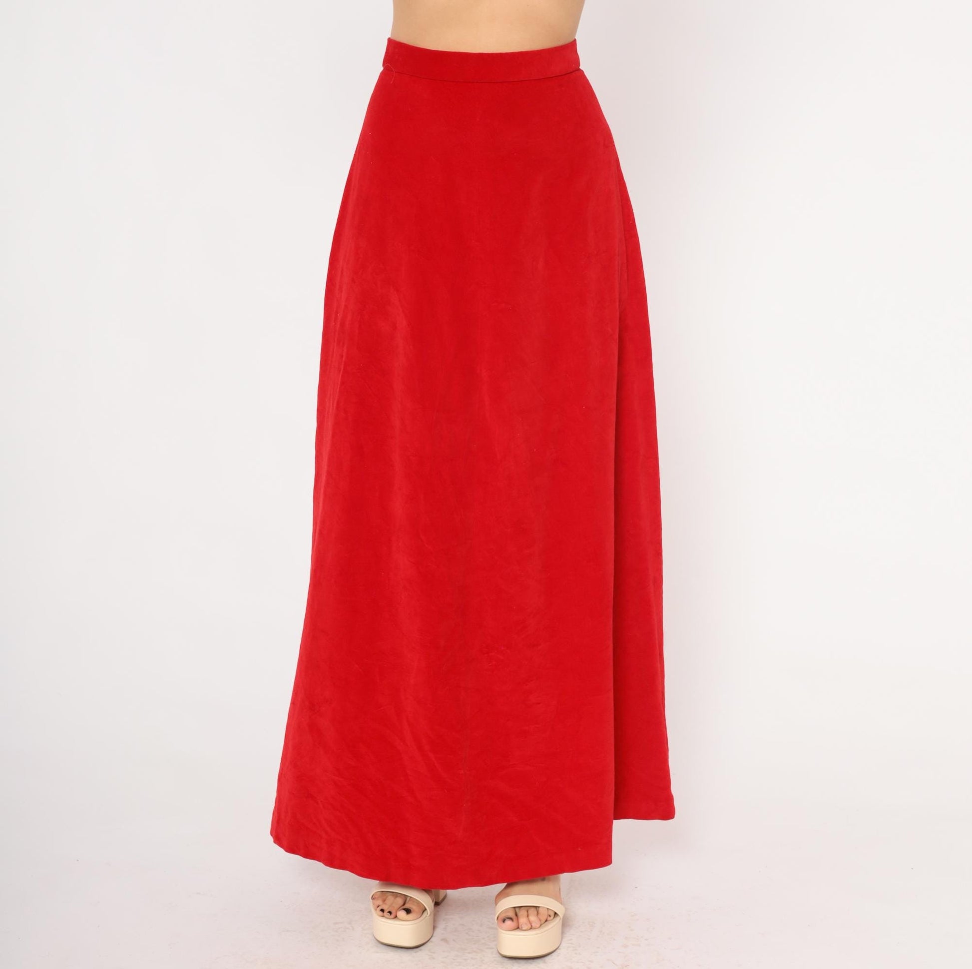 70s Red Velvet Maxi Skirt High Waist A-Line Floor Length Small