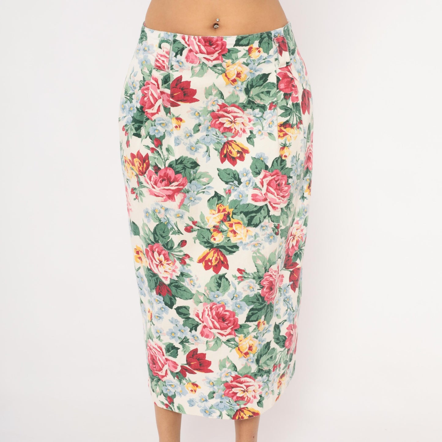 90s Gotcha Covered Floral Pencil Skirt Cream Rose Print Cotton Medium L