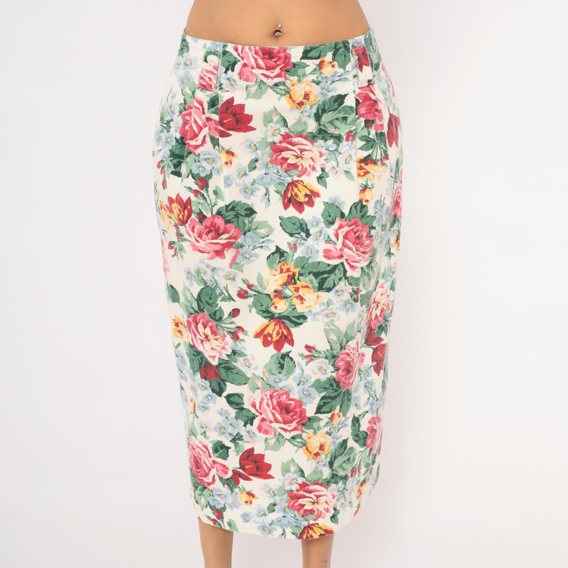 90s Gotcha Covered Floral Pencil Skirt Cream Rose Print Cotton Medium L