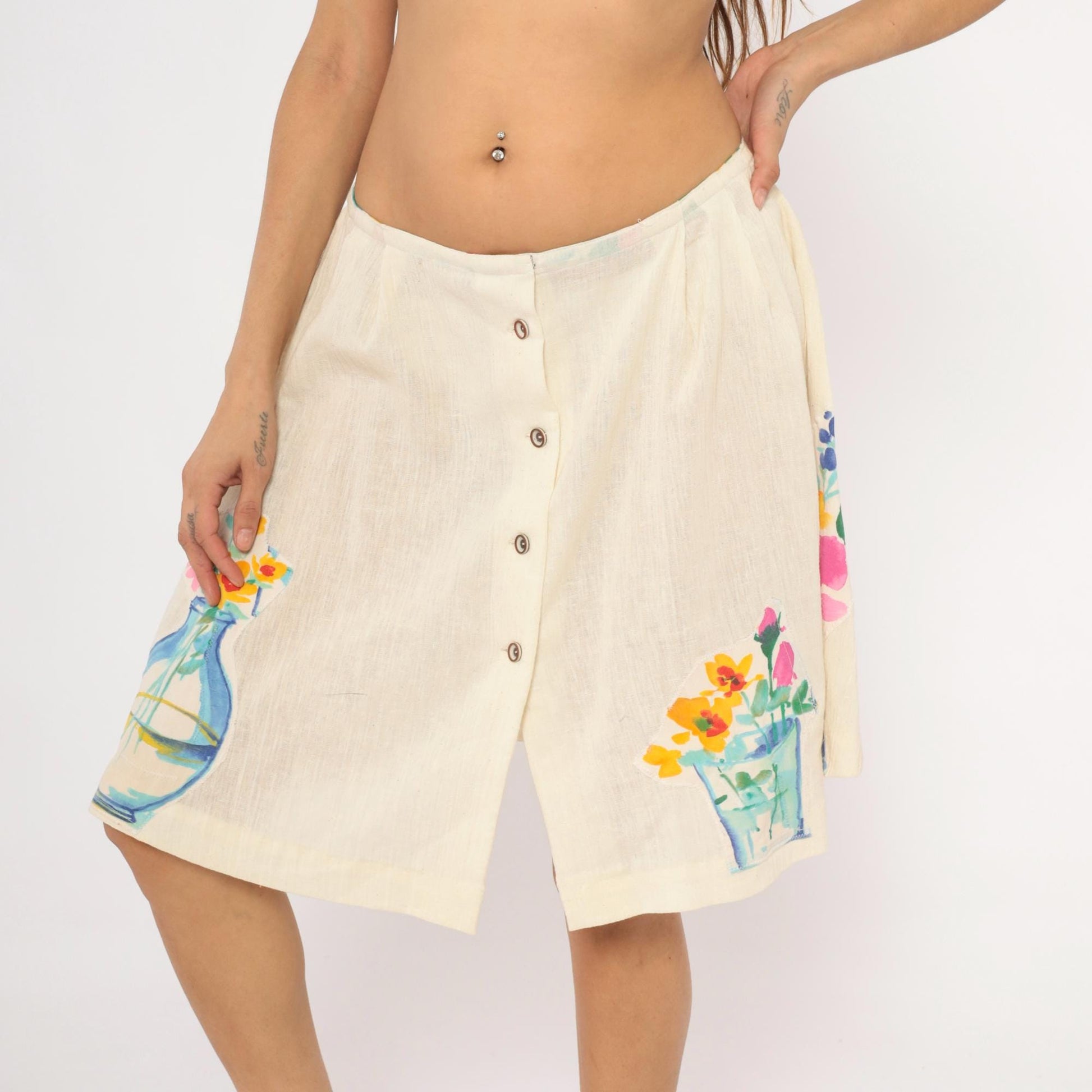 90s Cream Linen A-Line Mini Skirt Watercolor Floral Vase Appliqué Medium