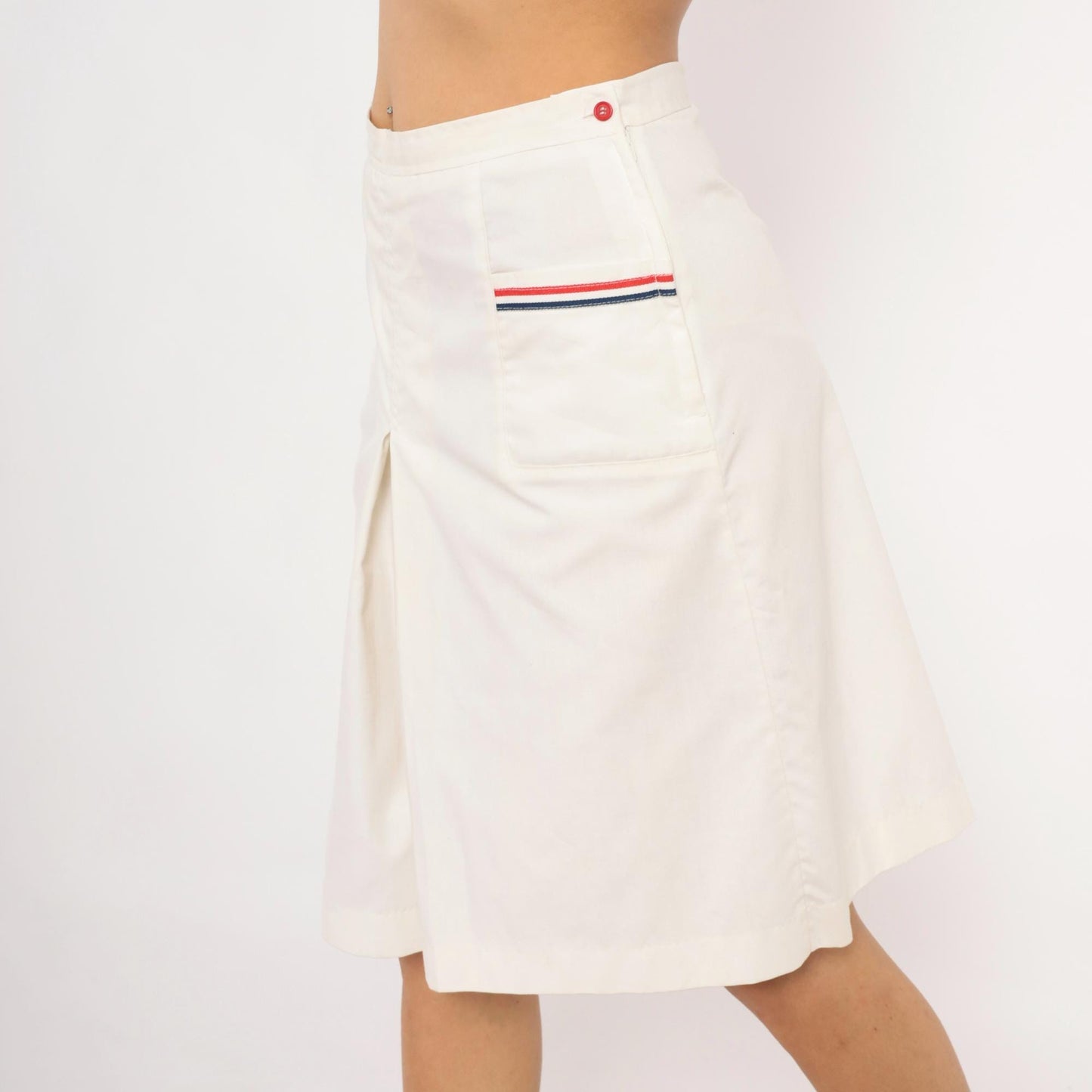 70s White Pleated Culottes Red Navy Stripe Trim Cotton Preppy Medium M