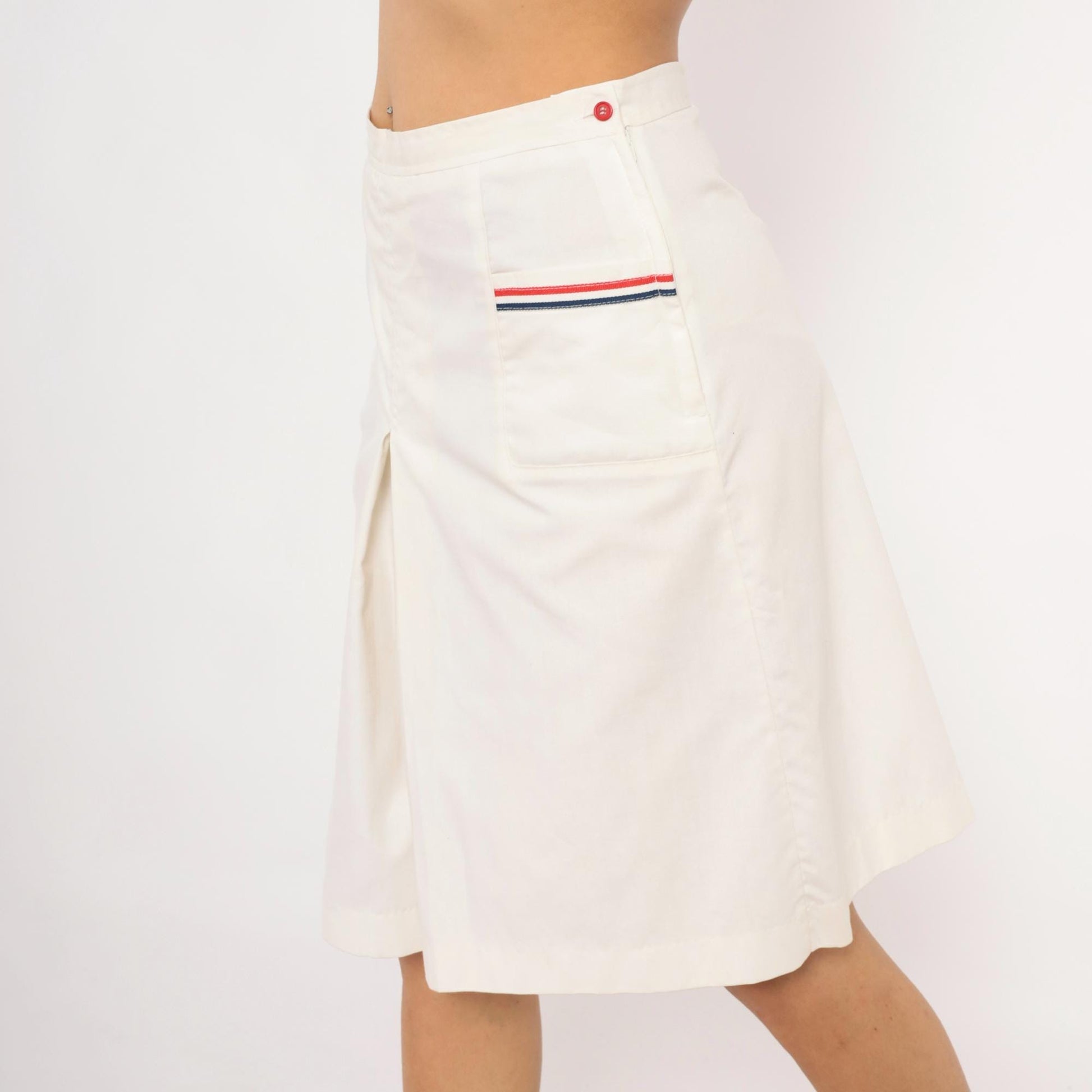 70s White Pleated Culottes Red Navy Stripe Trim Cotton Preppy Medium M