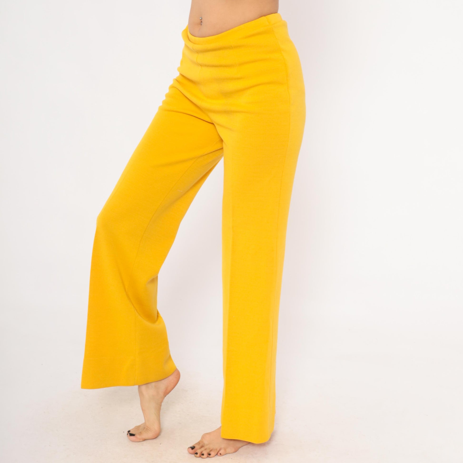 70s Mustard Wide Leg Trousers Pull-On Wool Blend High Waist Straight Leg Large L