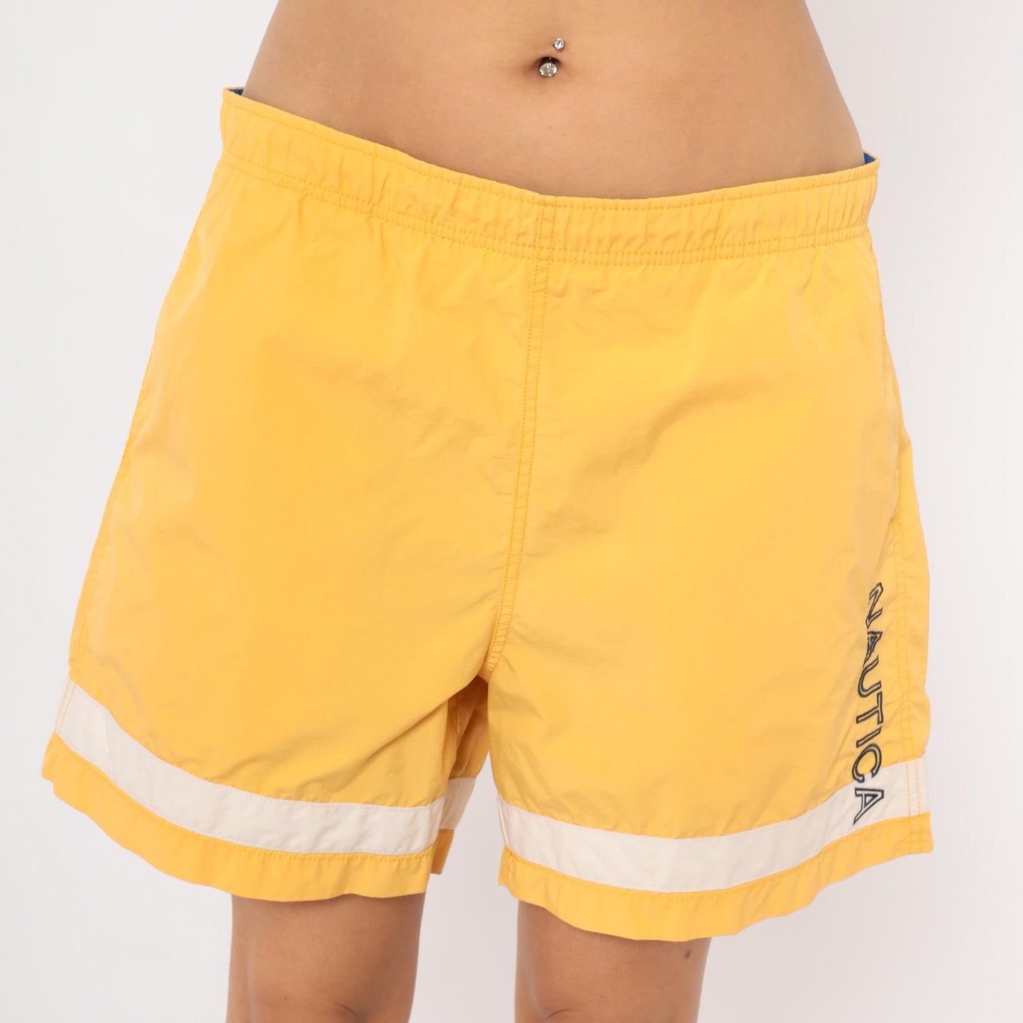Nautica Yellow Swim Trunks White Stripe Embroidered Logo 2000s Board Short Medium
