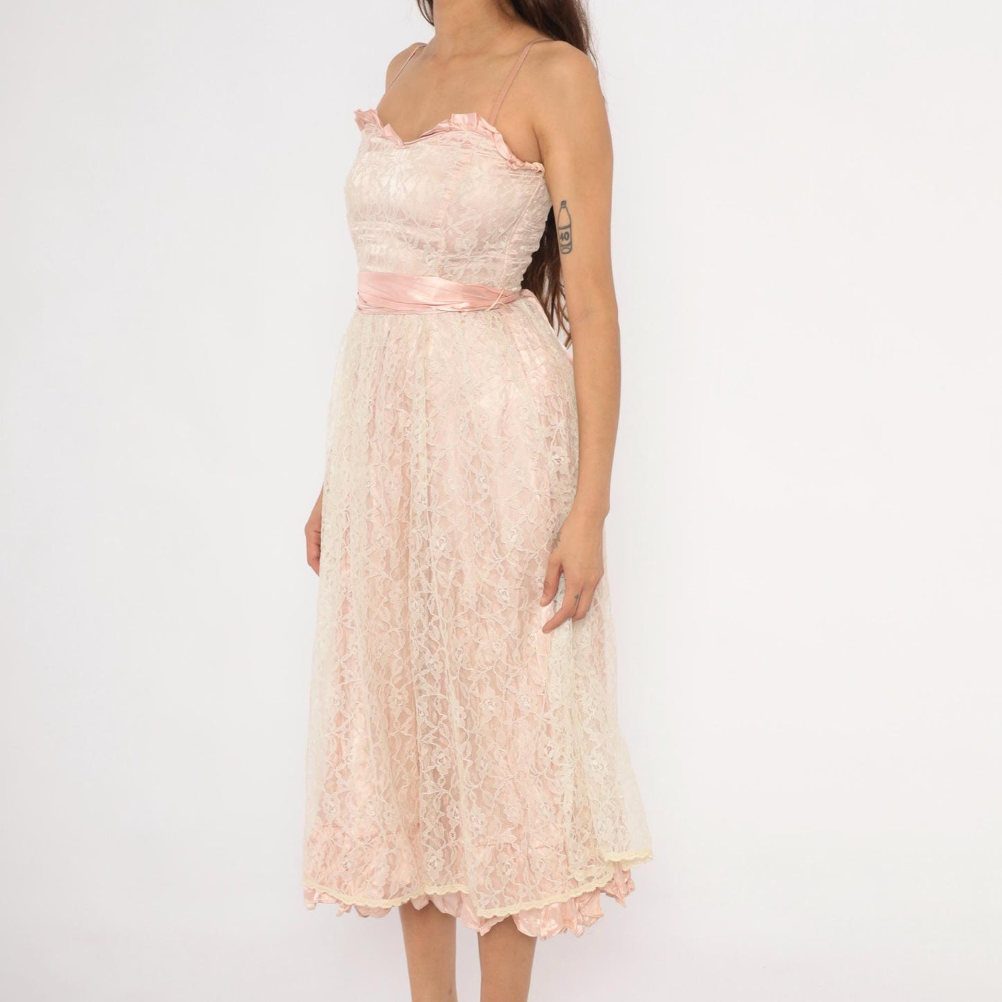 60s Blush Pink Lace Midi Dress Sweetheart Neckline Satin Bow Back Extra Small XS