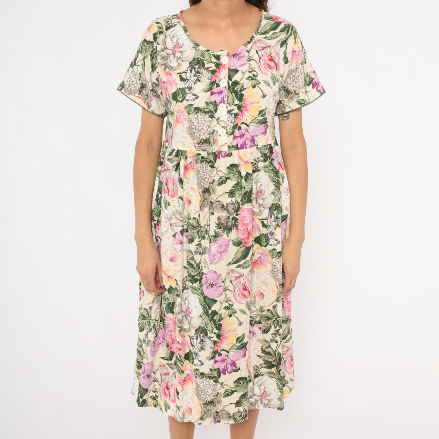 90s Day In Day Out Floral Midi Dress Cream Pink Garden Print Cotton Medium M