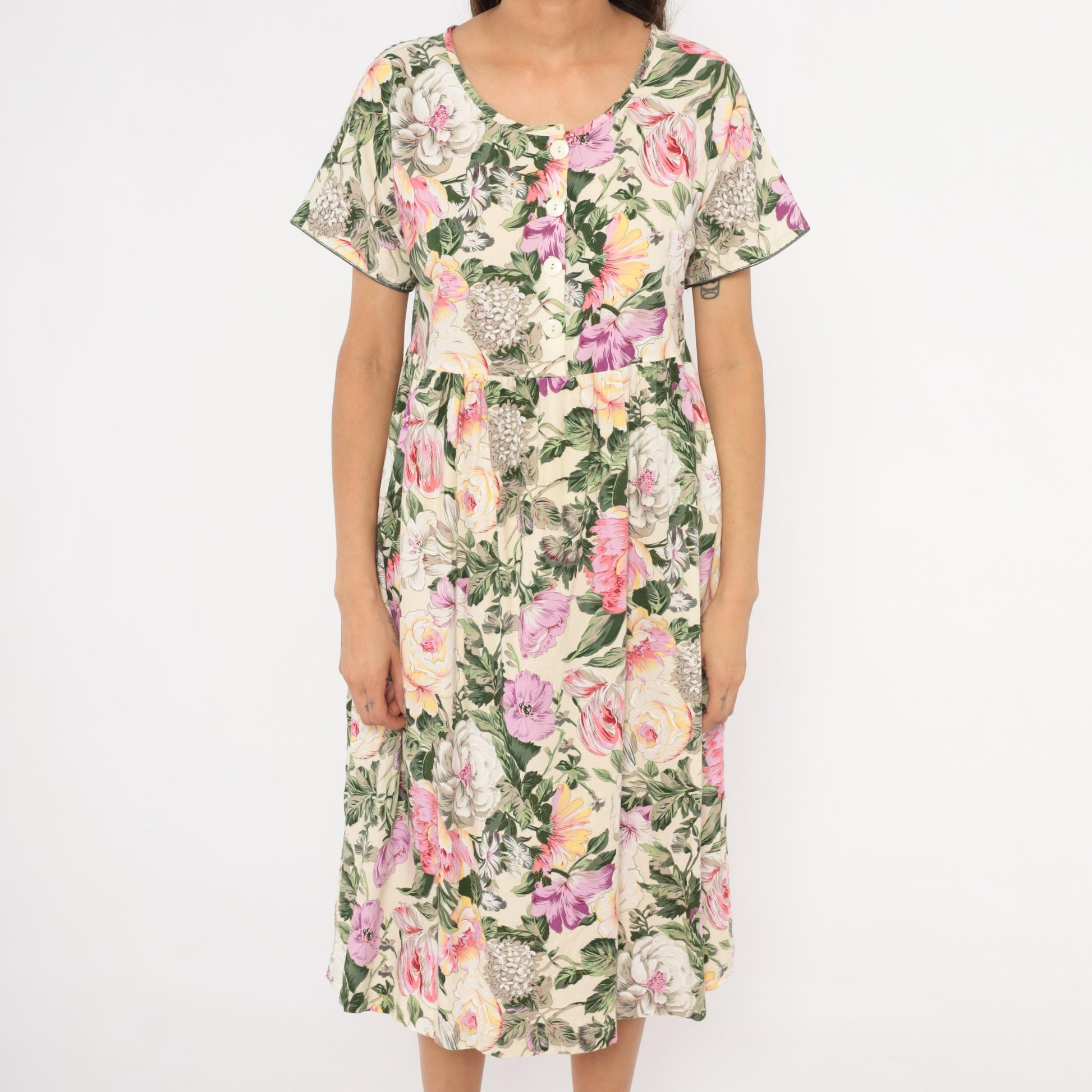 90s Day In Day Out Floral Midi Dress Cream Pink Garden Print Cotton Medium M
