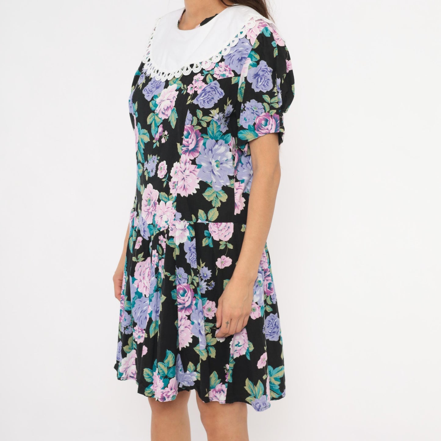 90s Ms. Basia California Floral Drop Waist Dress Black Rose Print Knee Length Large