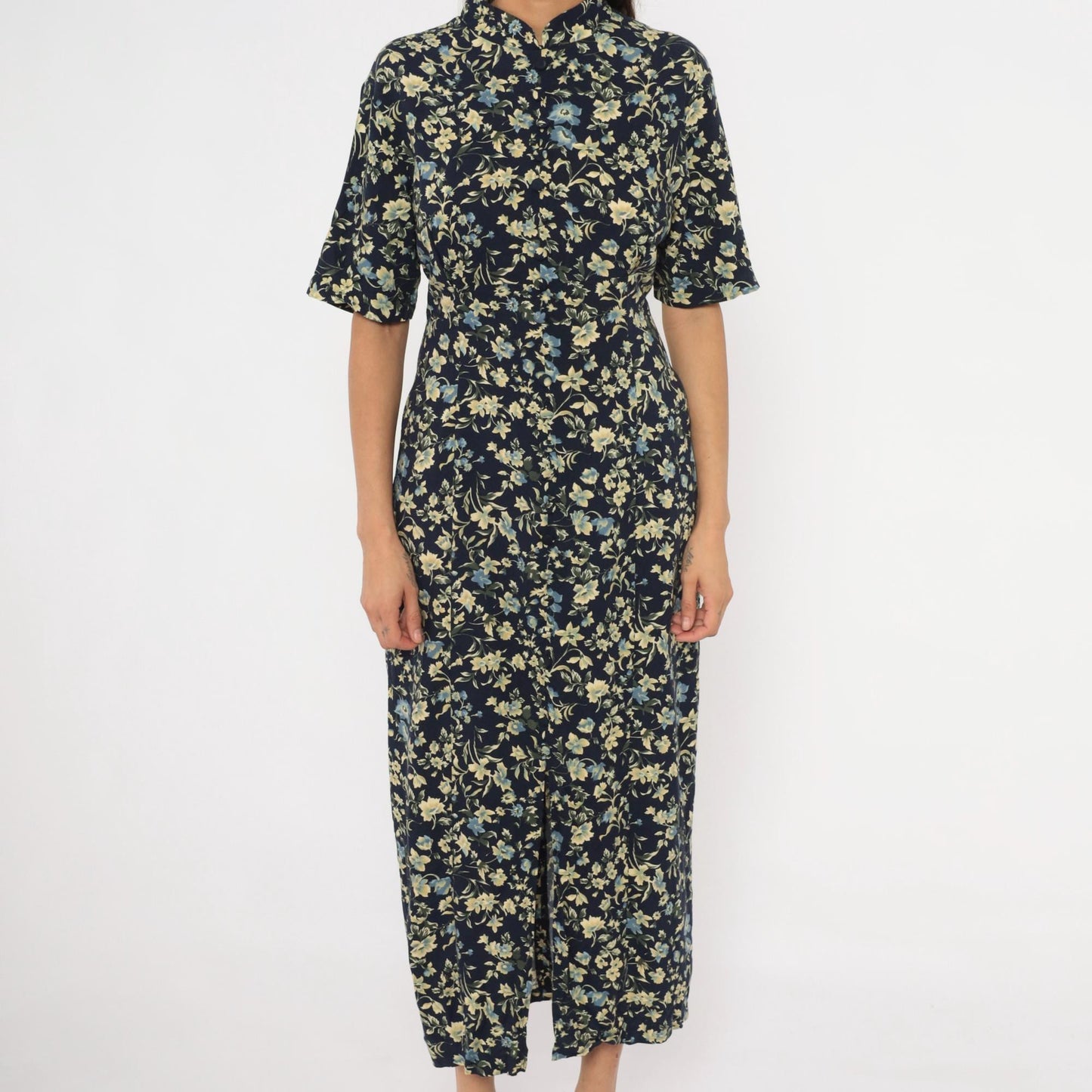 90s Express Navy Floral Maxi Dress Mandarin Collar Button Front Medium M