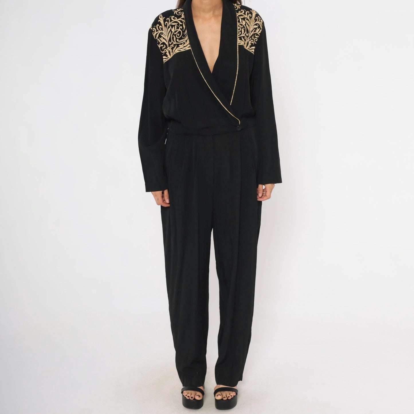 80s John Roberts Black Jumpsuit Gold Embroidered Shawl Collar Wide Leg Large L