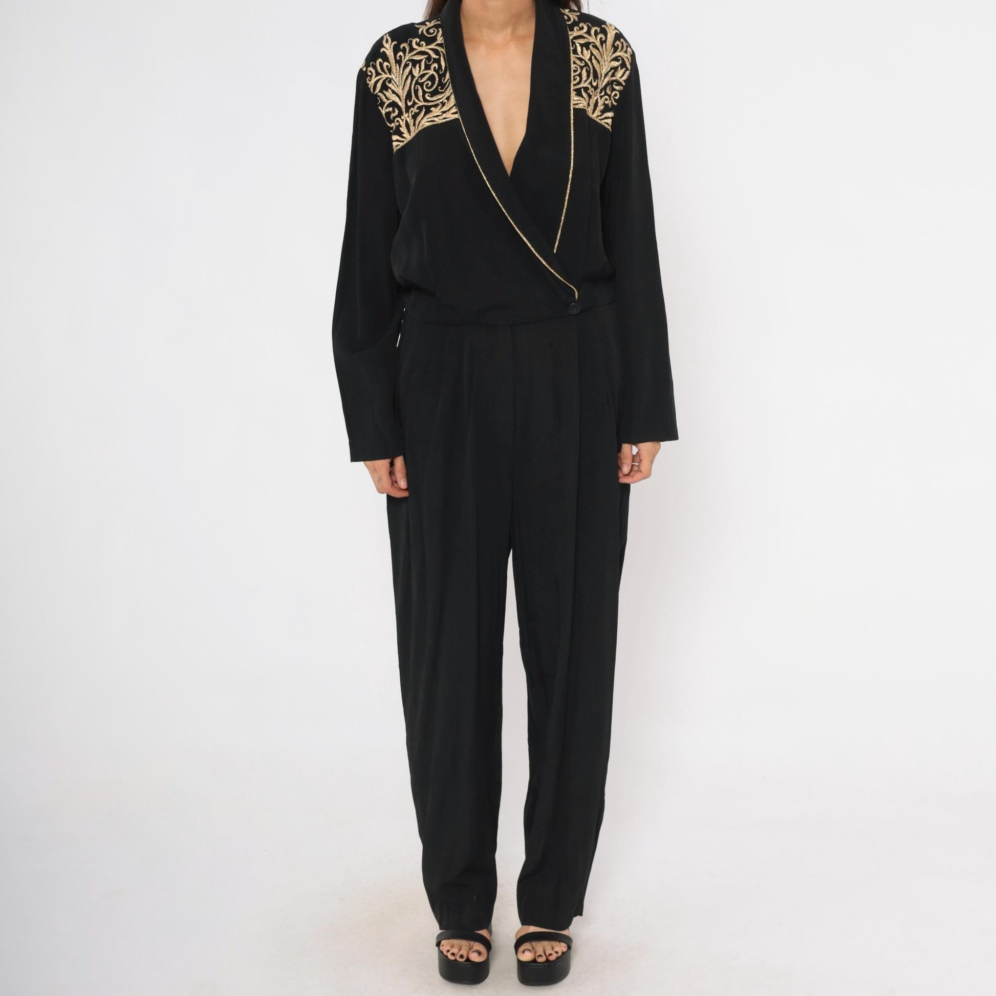 80s John Roberts Black Jumpsuit Gold Embroidered Shawl Collar Wide Leg Large L