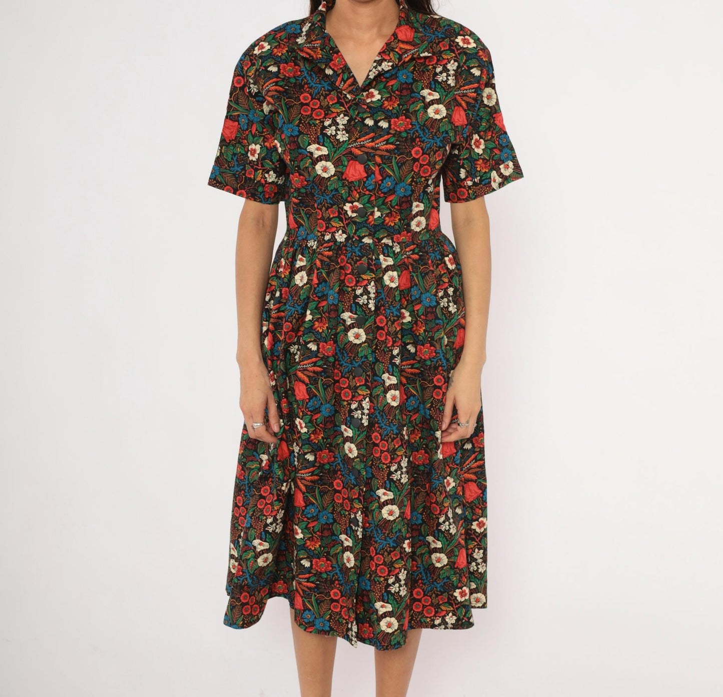 80s Black Floral Shirtdress Cotton Botanical Print Fitted Waist Small