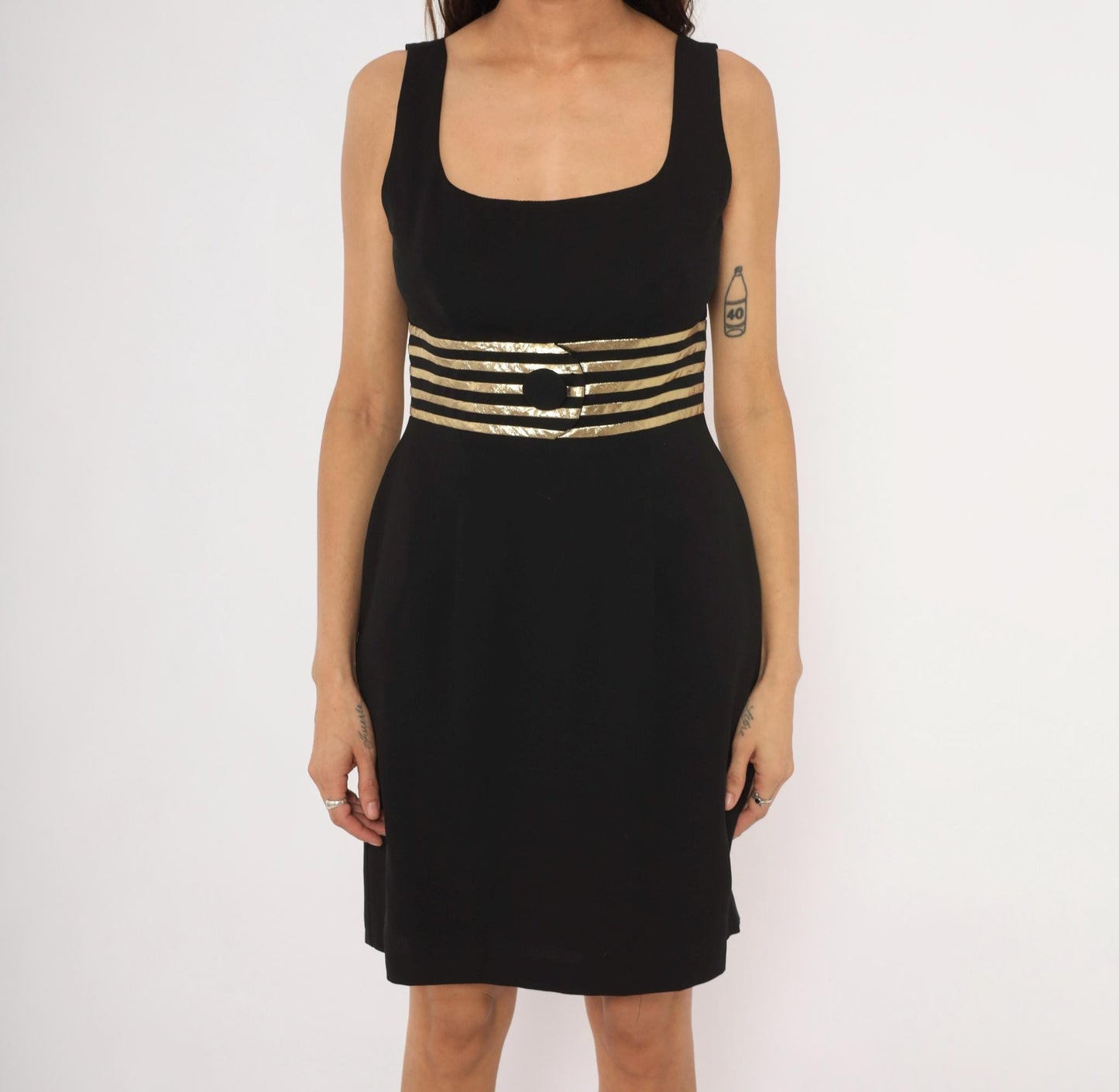 90s Datiani Black Mini Dress Gold Striped Waistband Sleeveless Medium M