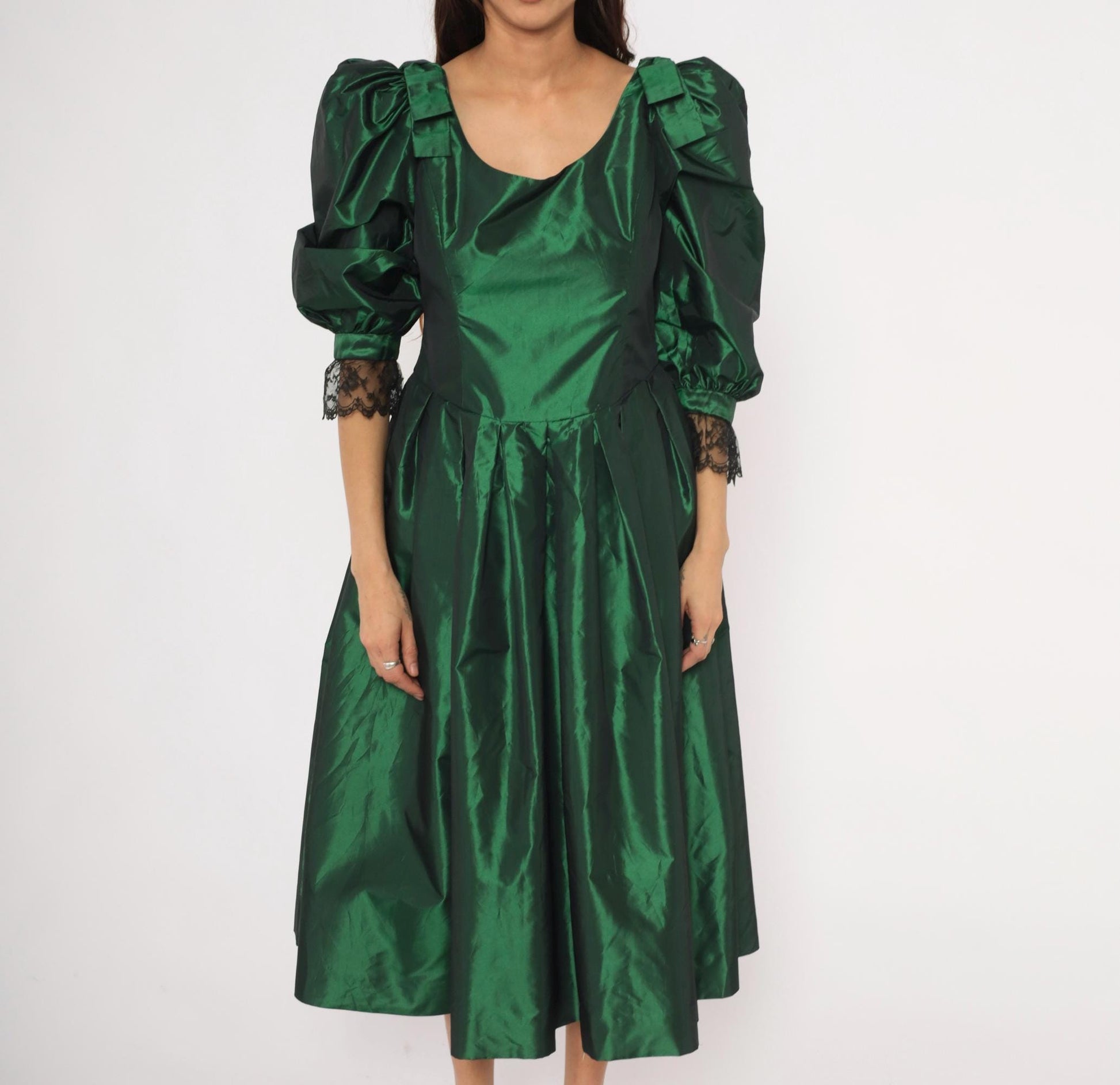 60s Emerald Taffeta Gown Puff Sleeve Forest Green Bow Shoulder Lace Cuff Large