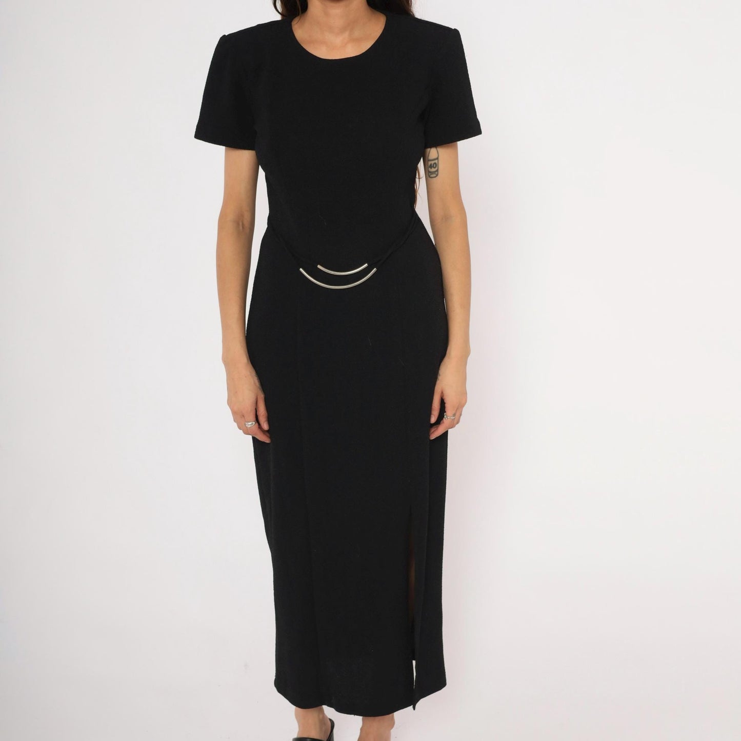 90s Scarlett Black Maxi Dress Silver Metal Waist Accents Short Sleeve Small
