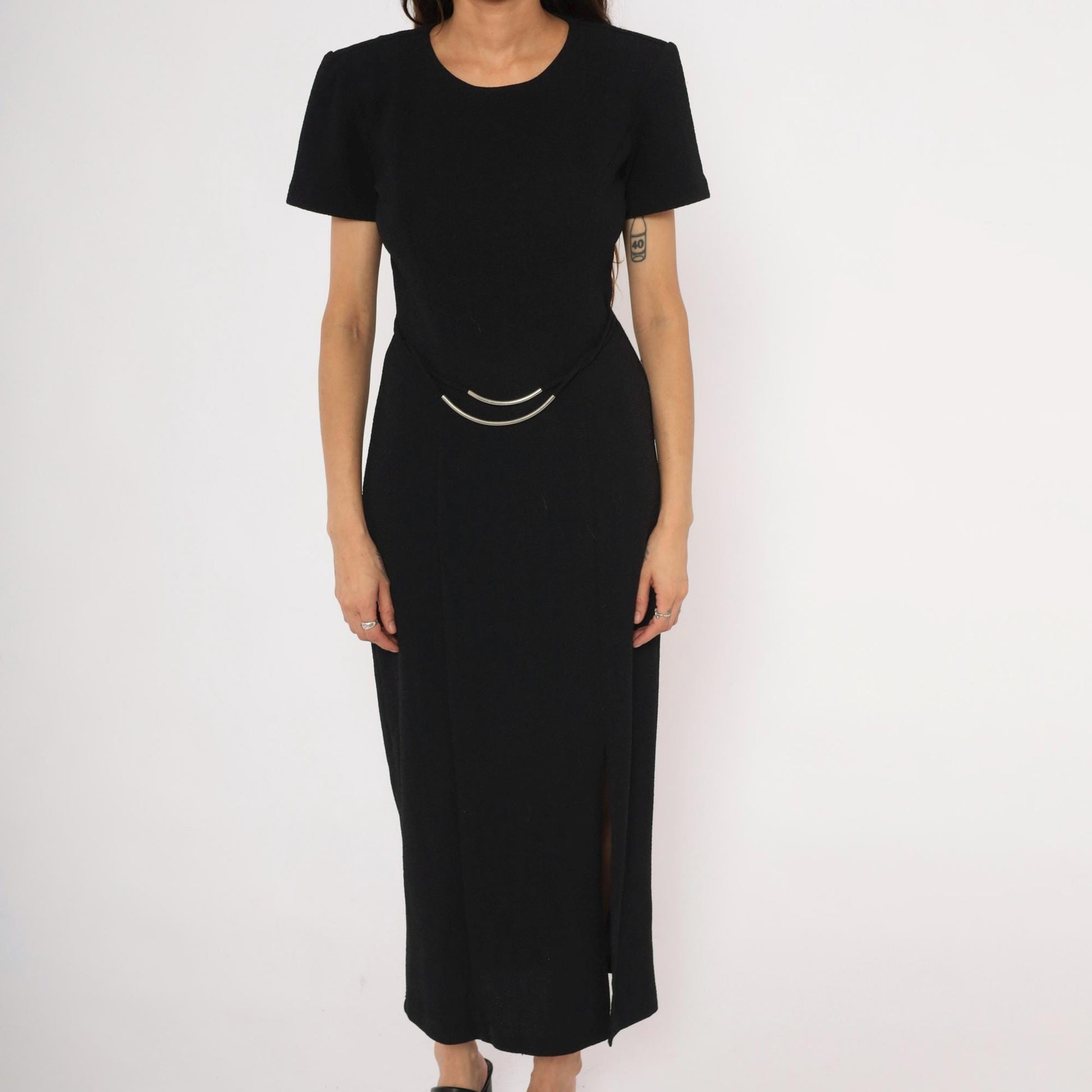90s Scarlett Black Maxi Dress Silver Metal Waist Accents Short Sleeve Small