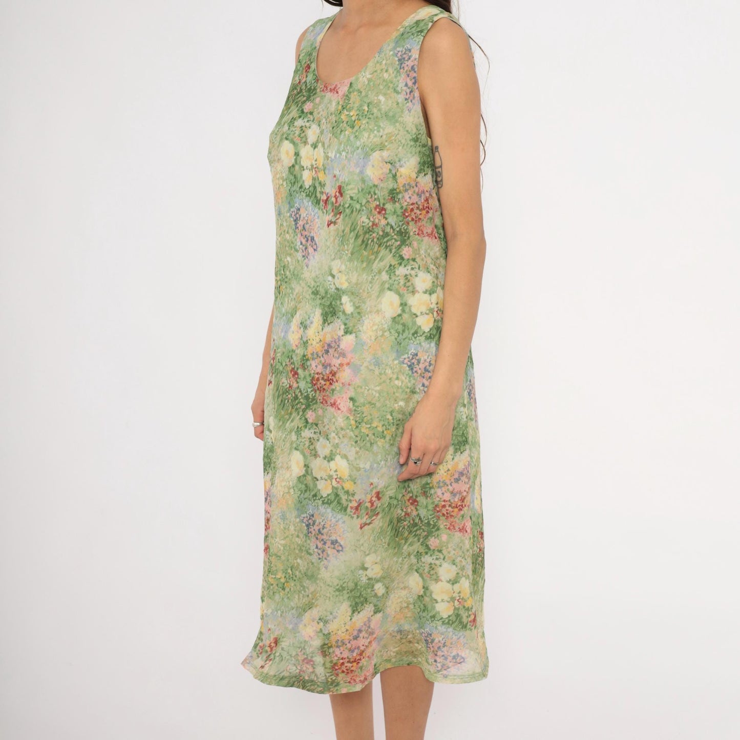 90s K Studio Floral Midi Dress Impressionist Garden Print Green Pink Extra Large