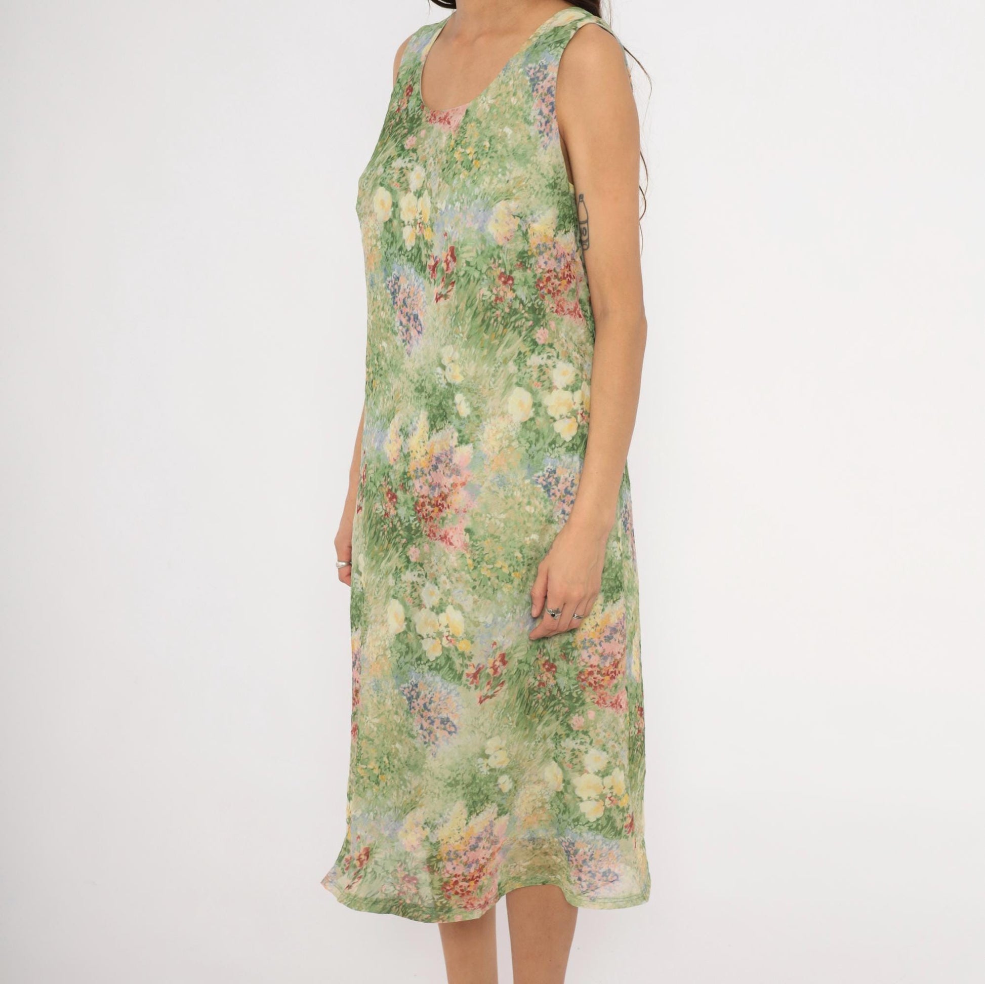 90s K Studio Floral Midi Dress Impressionist Garden Print Green Pink Extra Large
