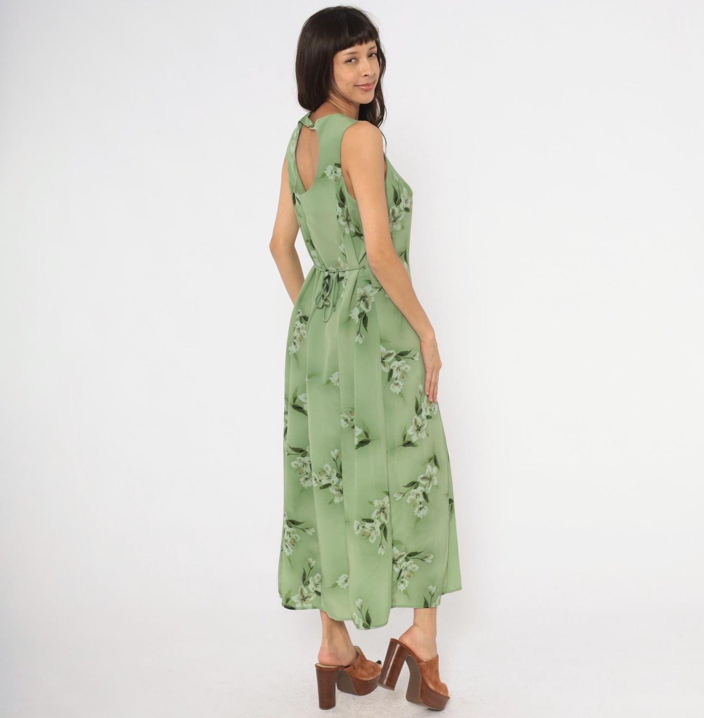 90s Fashion Bug Sage Green Floral Maxi Dress Sleeveless A-Line Large L