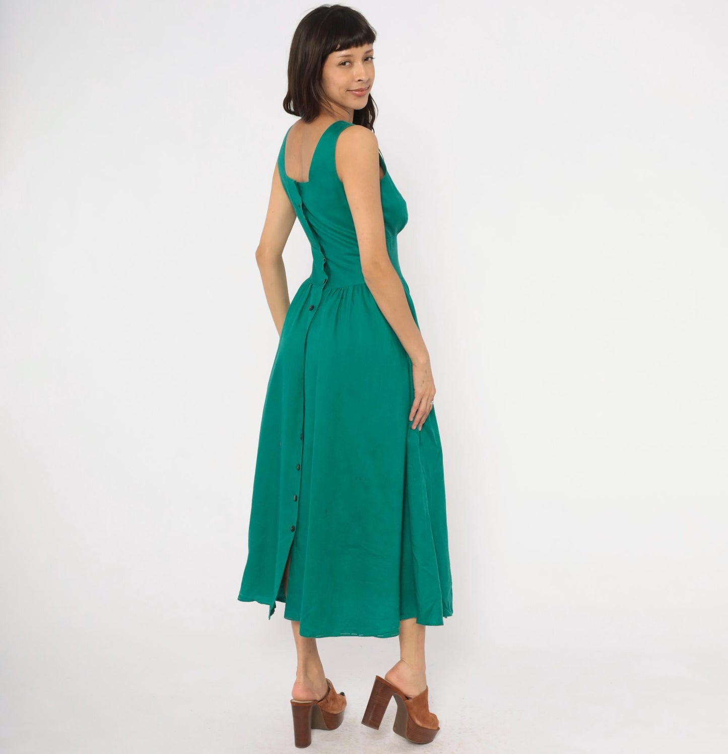 80s Kenar 2 Teal Linen Midi Dress Surplice V-Neck Sleeveless Small S