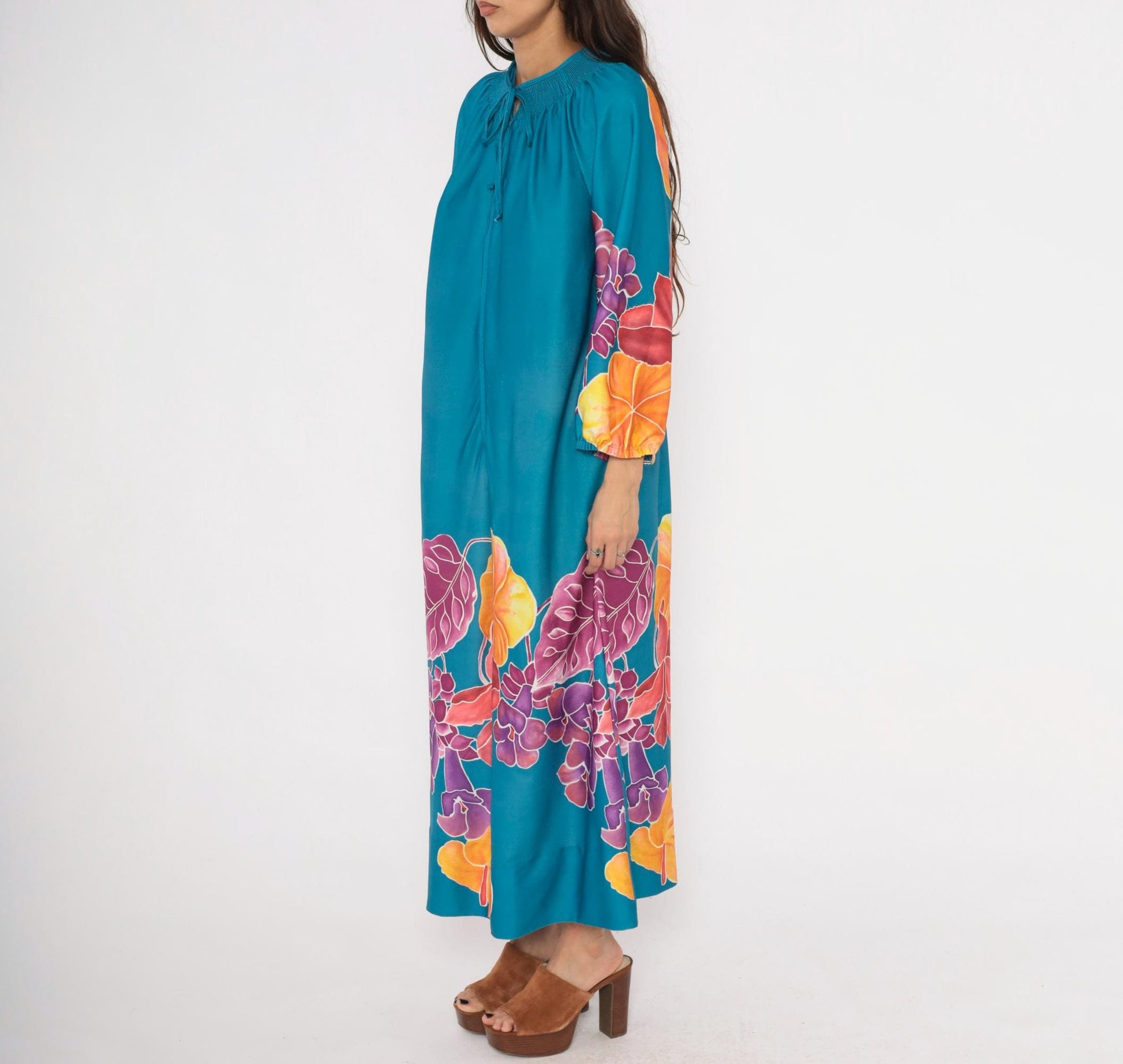 70s Teal Floral Caftan Maxi Dress Smocked Neckline Zip Front Medium M