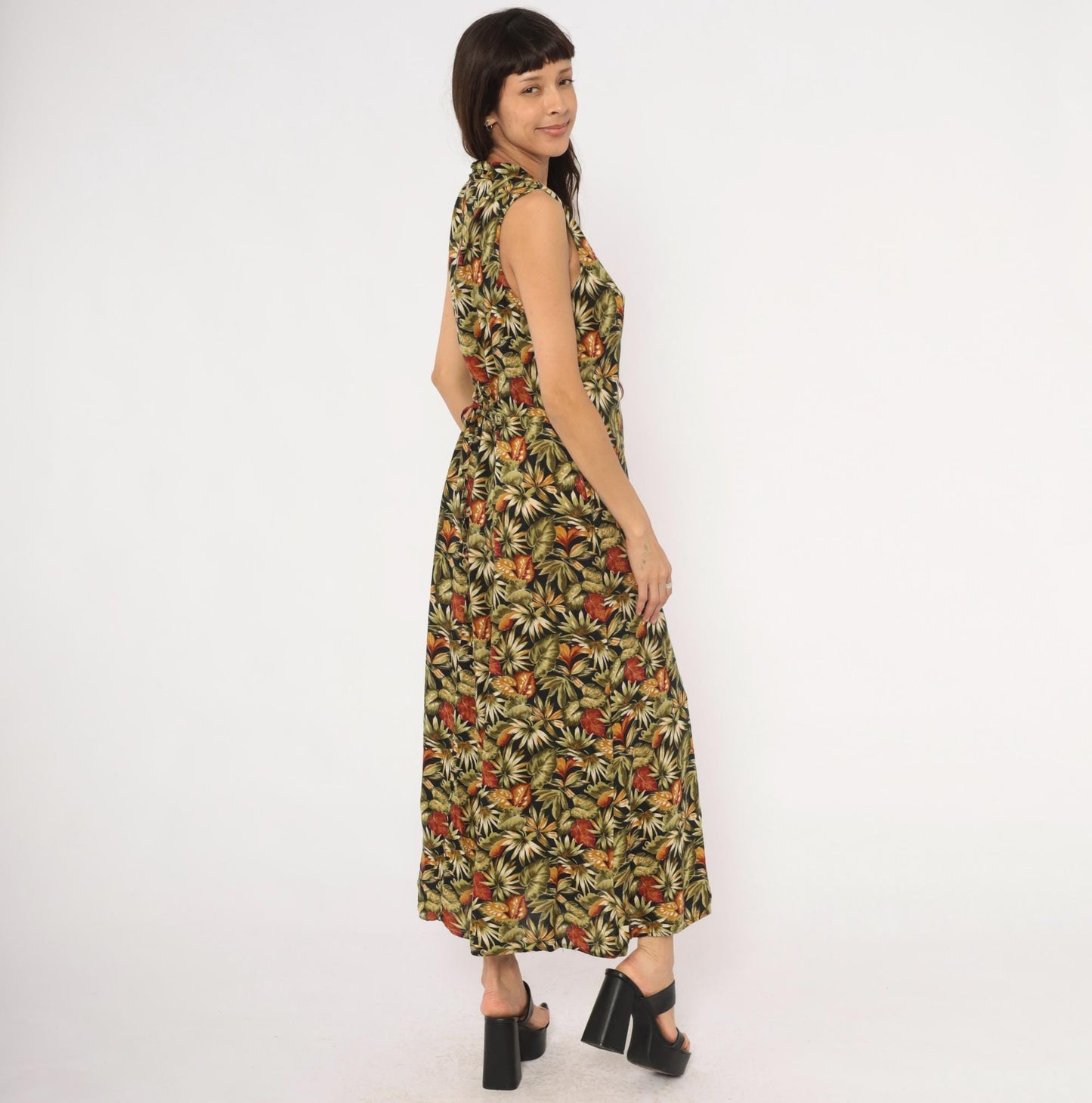 90s Teddi Tropical Leaf Maxi Dress Sleeveless Olive Green Medium M