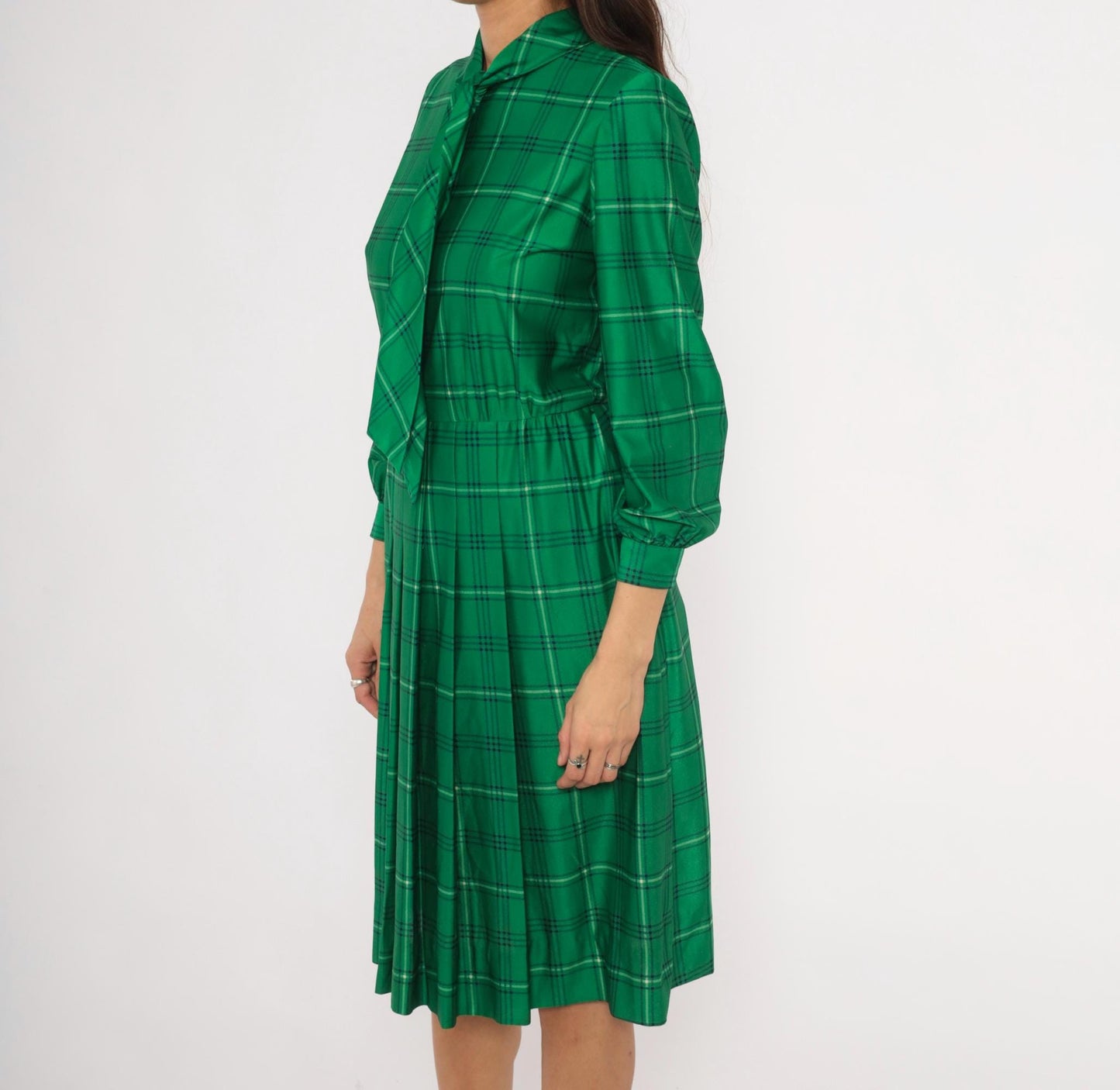 70s Nat Kap Lan Emerald Plaid Dress Pussy Bow Knee-Length Medium M