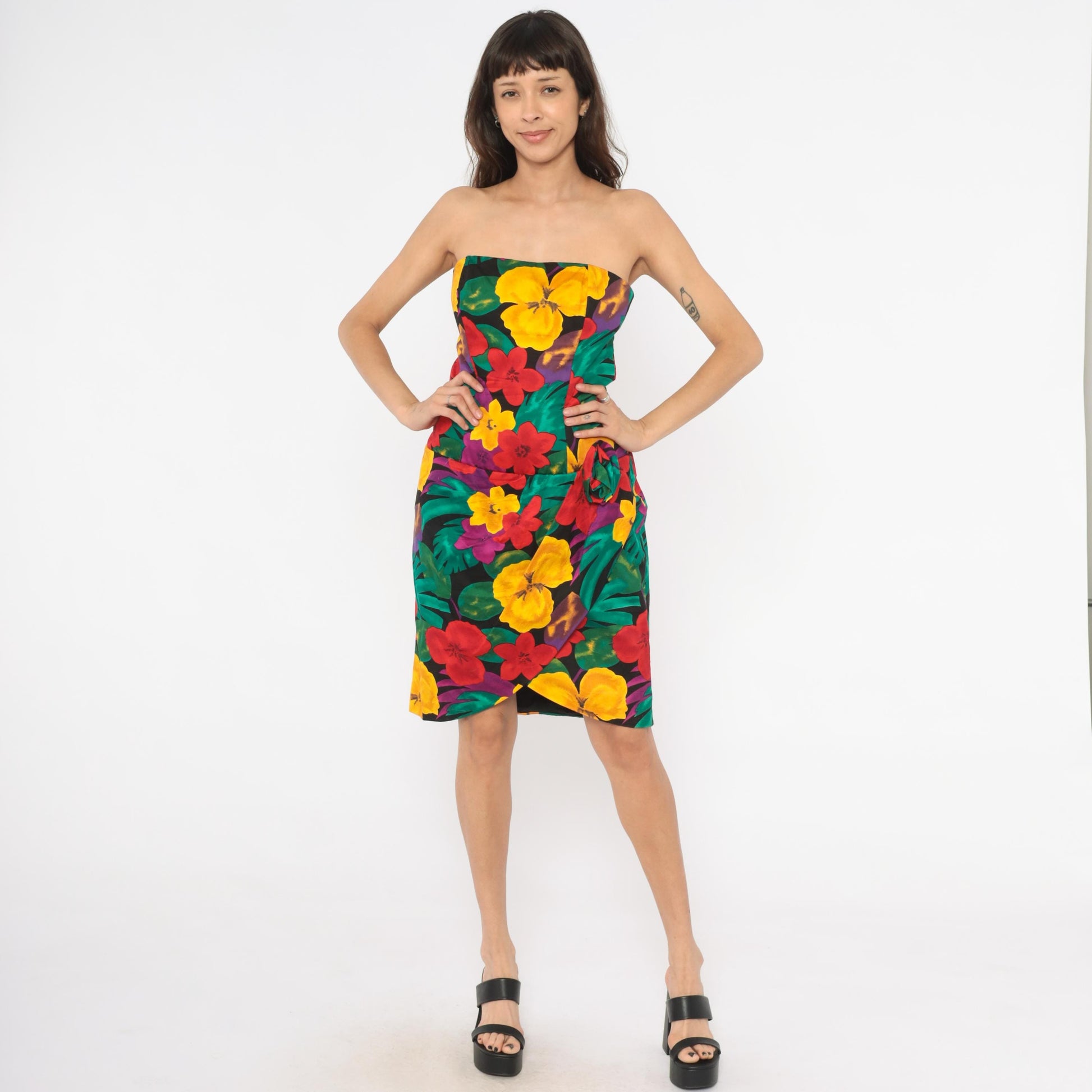 90s Positively Ellyn Tropical Floral Strapless Dress Knee-Length Wrap Skirt Large