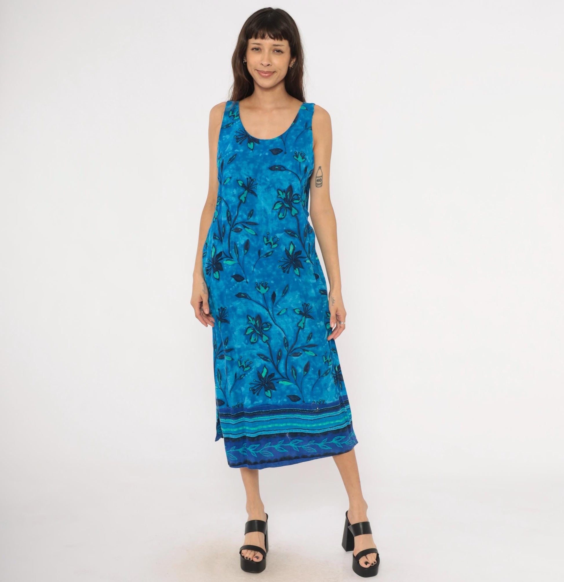 90s Worthington Blue Batik Floral Maxi Dress Tank Sleeveless Teal Navy Medium