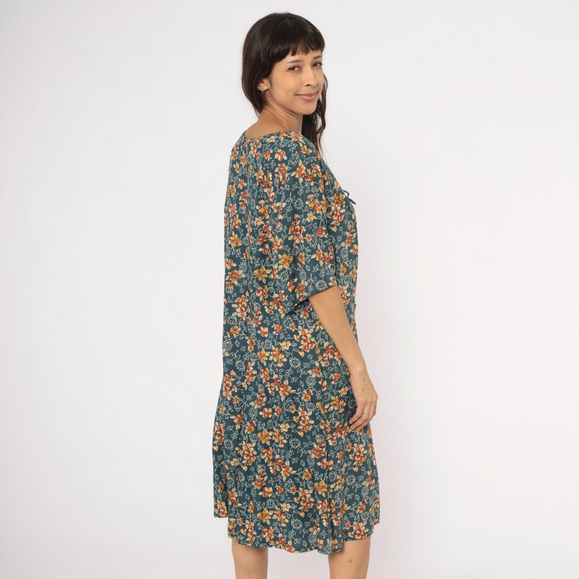 90s The Avenue Floral Midi Dress Teal Orange Flutter Sleeve Tie Front XXL